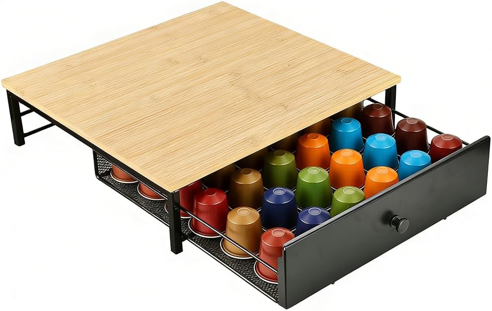 Coffee Pod Drawer Holder, Bamboo K Cup Holder | 36 Capsule Capacity Coffee Pod Organiser with Pull Out Drawer, Countertop Coffee Storage Rack for Kitchen, Home and Office
