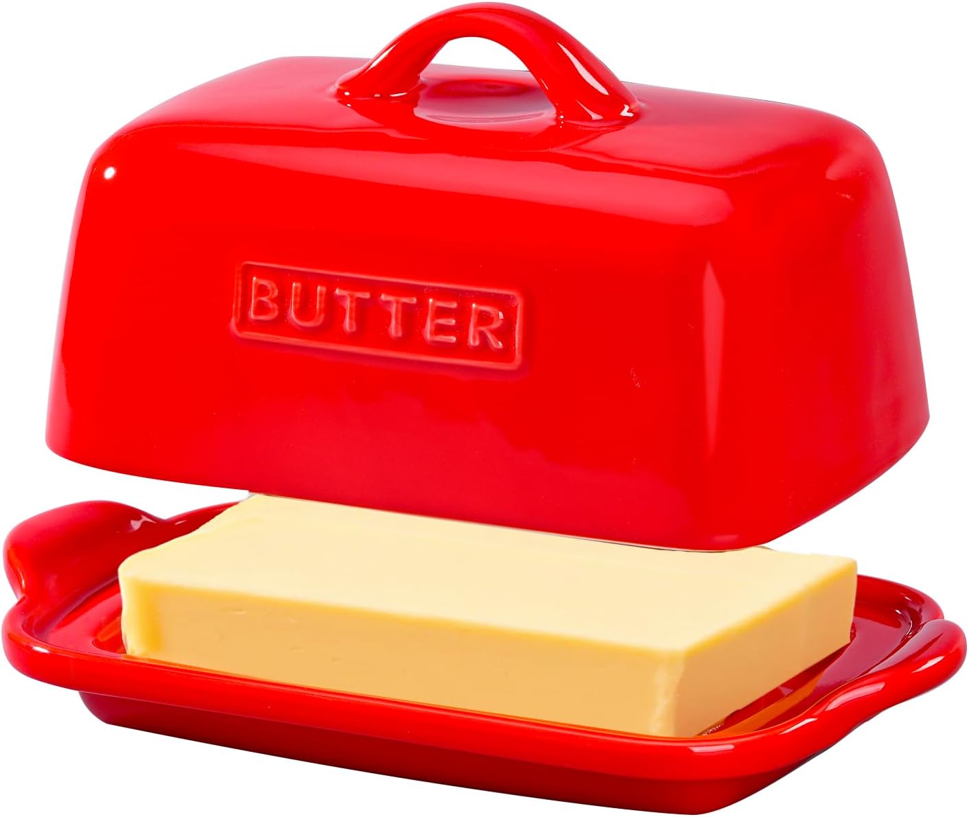 Porcelain Butter Dish, Fits 500g or 250g Butter Block | Large Red Butter Holder Fits 250g & 227g Sizes, Butter Storage Container for Kitchen Countertops