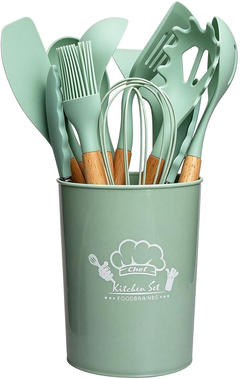 Silicone Cooking Utensils Set with Holder Wooden Handle Spatula | Kitchen Tool Set for Baking, Home, College, RV, Dining, Chef