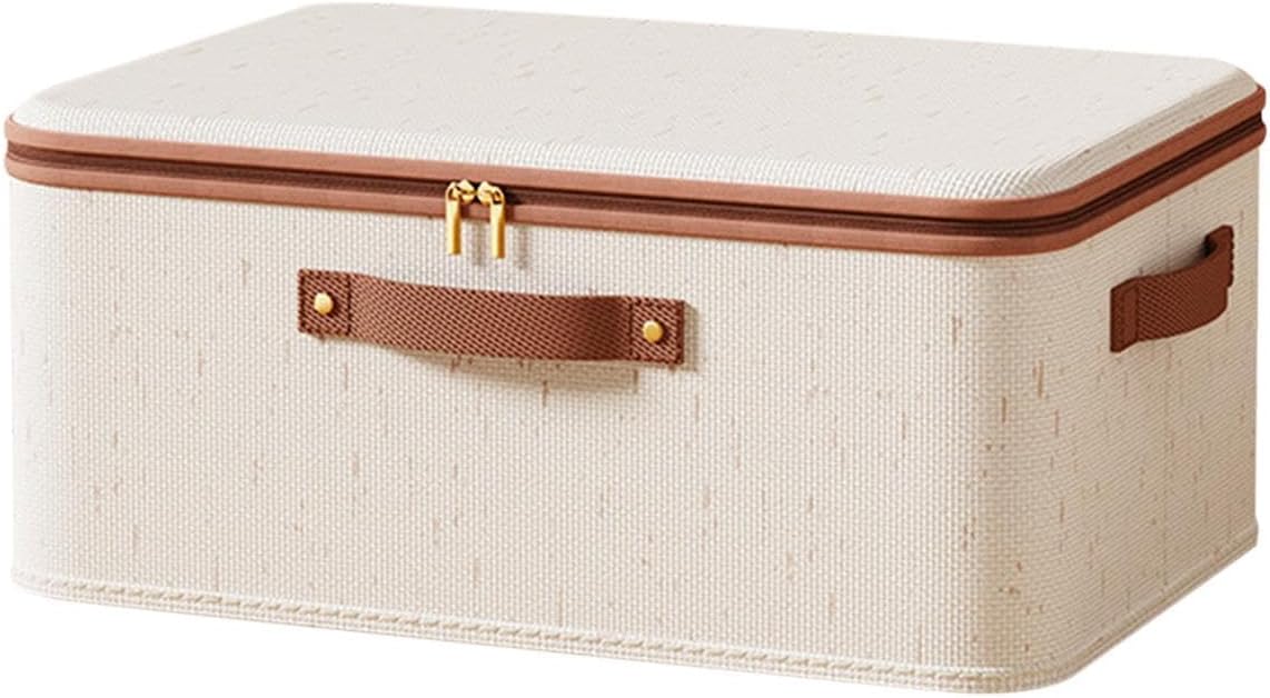 Clothes Storage Box, Cotton-Linen Fabric Organizer Bin with Zipper | Large Capacity Storage Organizer, Foldable Clothes Container with Lid and Handles for Wardrobe Bedroom Use