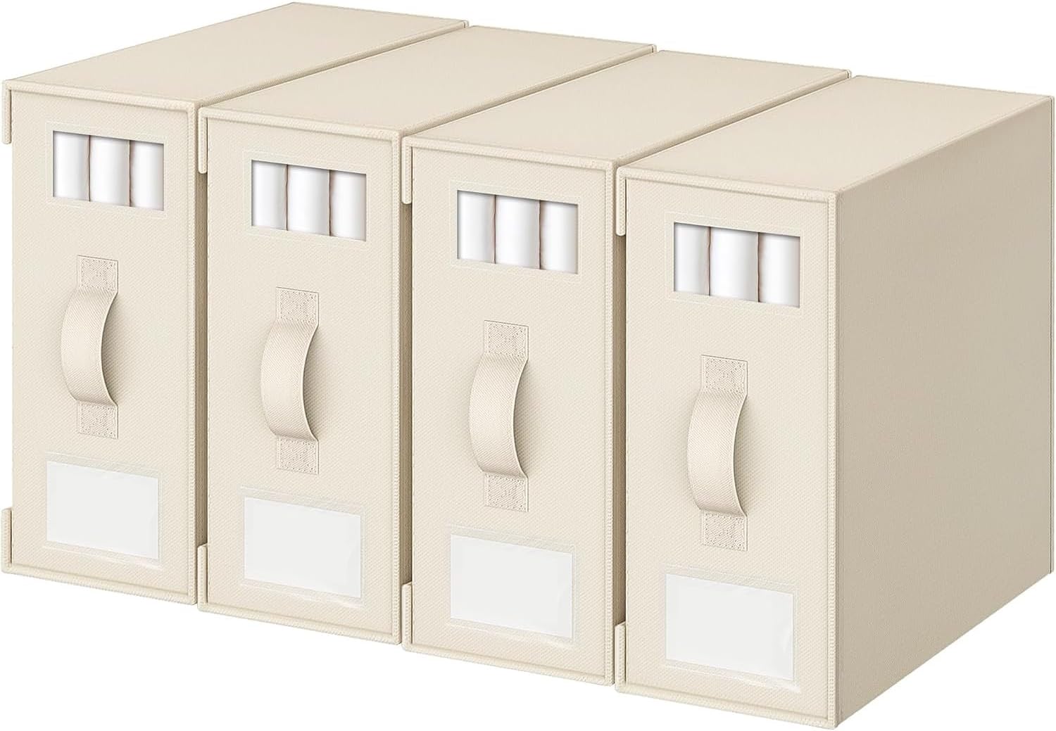 4-Pack Linen Closet Organizer Set - Foldable Bedding Storage Boxes with Clear View Windows, Space-Saving Sheet Organizers for King/Queen Sets, Duvets & Blankets (4, Beige)