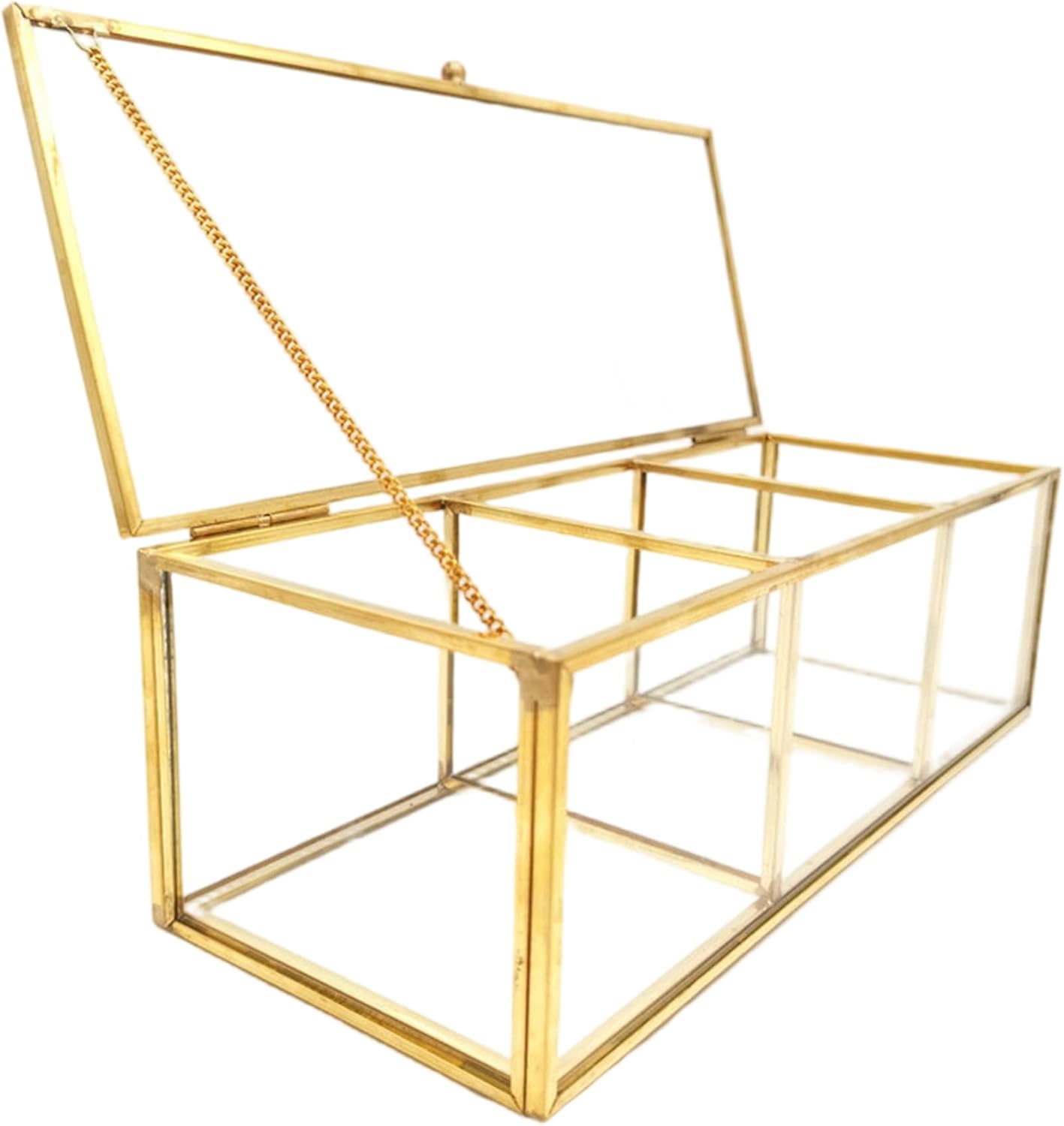 Gold Makeup Organizer, 3 Compartment Transparent Glass Box, 9.1x3.5x2.8 Inch Gold Jewelry Box with Lid for Dresser Desktop, Kids Toys