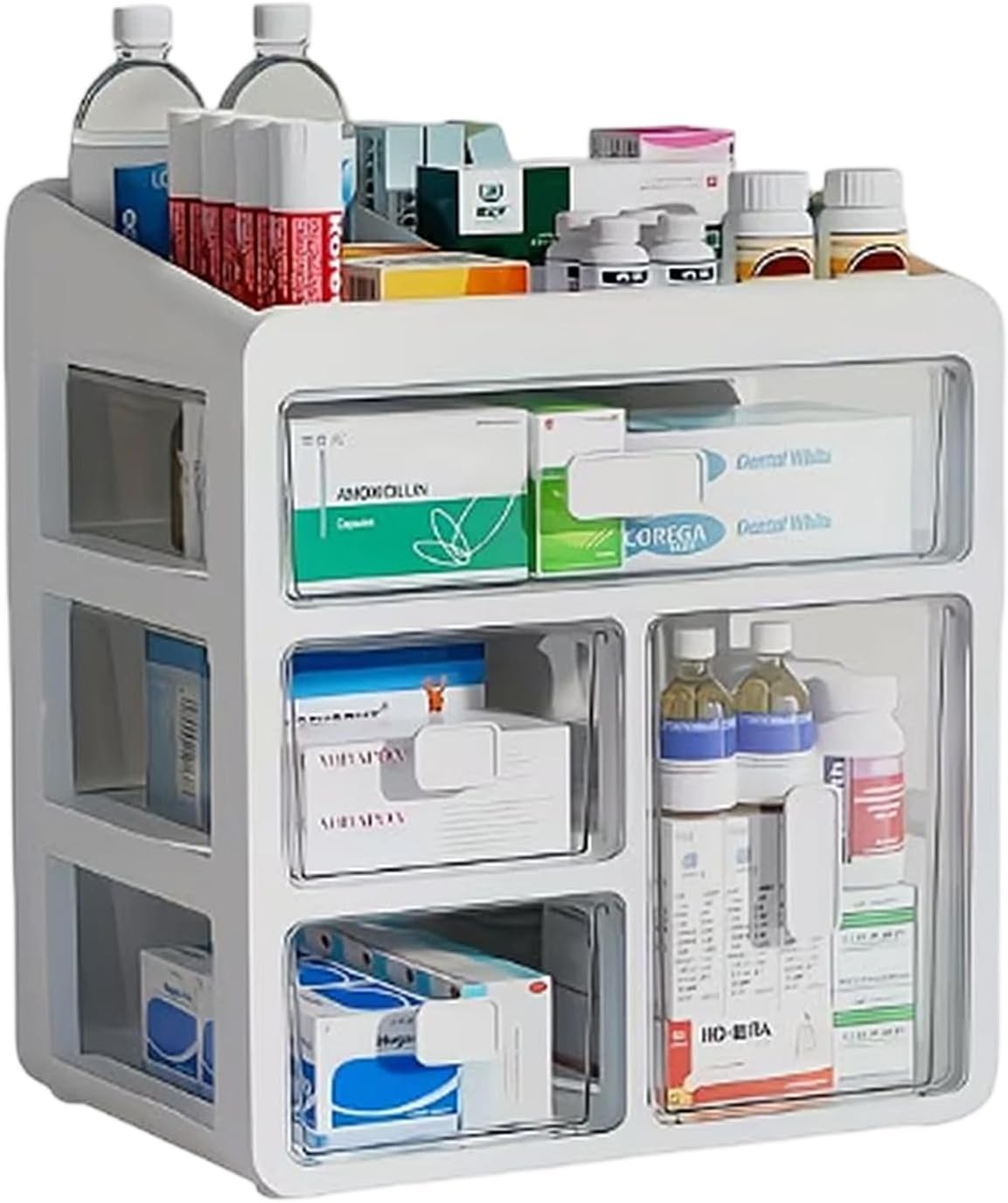 4-Tier Medicine Storage Box Cabinet, Medical Supply Organizer for Home | Plastic desktop medicine organizer with 4 clear drawers, top compartments and no-assembly design for home, office or dorm
