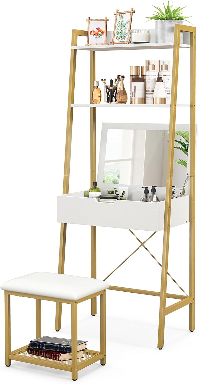 Giantex Vanity Set with Flip Top Mirror, Ladder Vanity Desk with Shelves, Hidden Storage Compartments and Cushioned Stool for Small Spaces, Makeup Dressing Table Set for Bedroom (White + Gold)