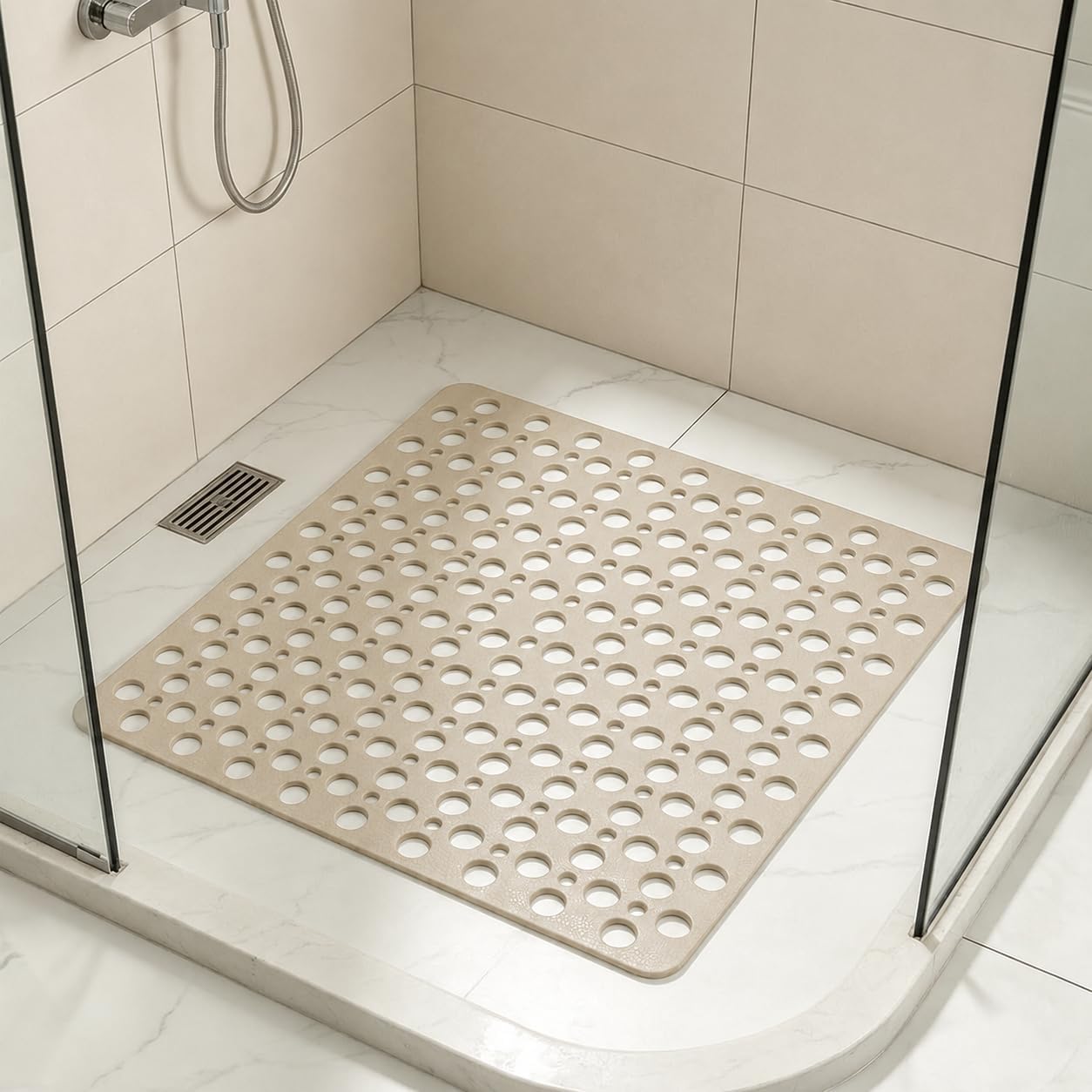 Squre Shower Mat, 21 x 21 inch, Non Slip Bath Shower Mat for Inside Shower, Anti Slip Shower Stall Mat, Bath Mat with Big Suction Cups, Drain Holes (Brown, 53 x 53cm)
