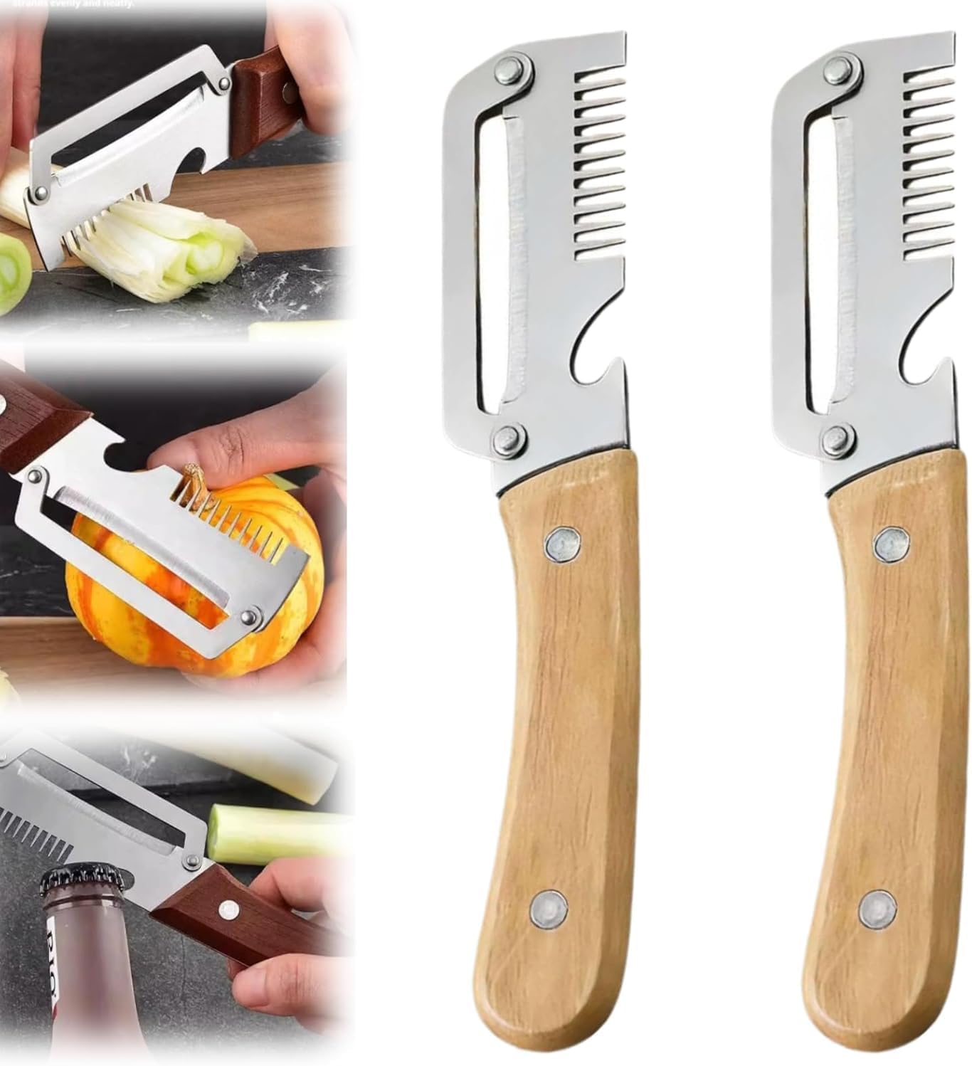Multi-Functional Vegetable Peeler for Kitchen with Solid Wood Handle, Stainless Steel Blade Potato Peeler with Bottle Opener and Green Onion, Ergonomic Kitchen Gadget Gift for Mom (Brown 2Pcs)