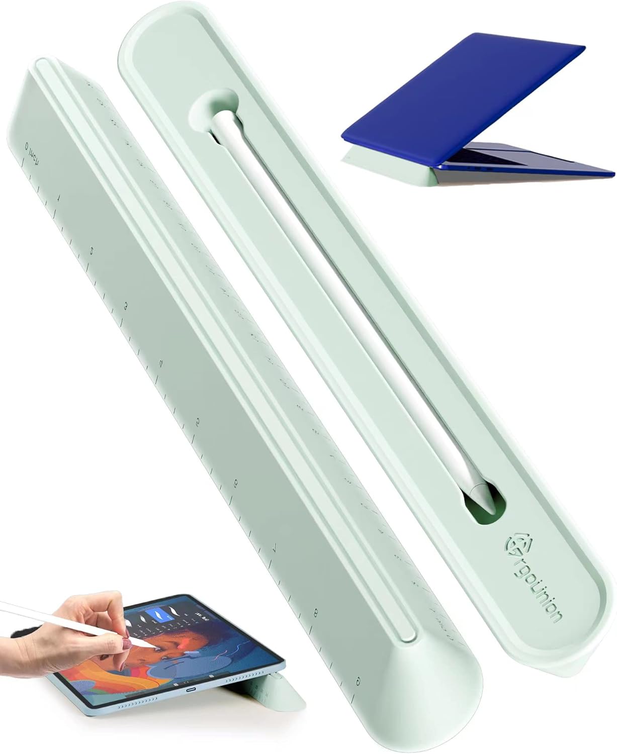 ergounion 3 in 1 Silicone Laptop Stand for Desk - Keyboard Riser for Ergonomic Typing/Reading, Portable Laptop Cooling Stand, 9"/24cm Measurable Pencil Case Holder- Oval Base, Macaron Green