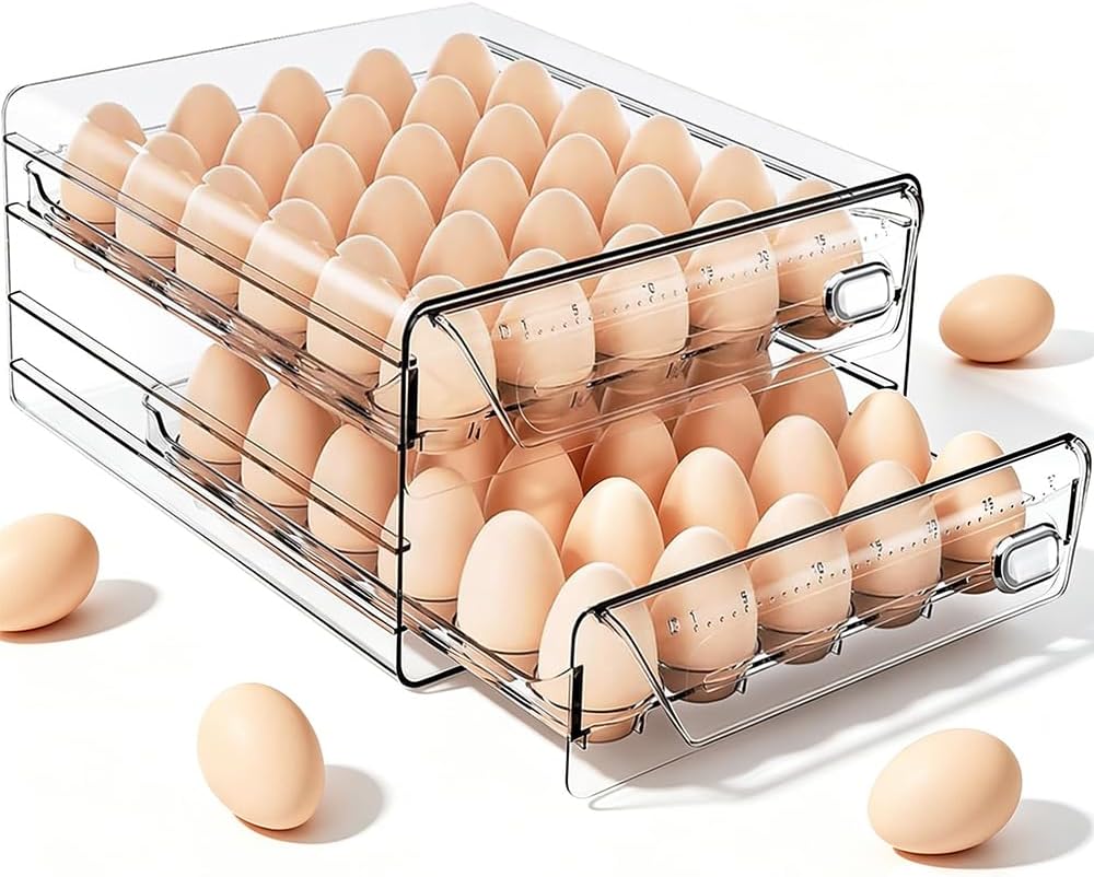 60 Egg Holder for Fridge, Clear Stackable Egg Storage Container | Clear stackable 60-egg holder for fridge with lid. BPA-free plastic organizer tray for refrigerator and pantry egg storage