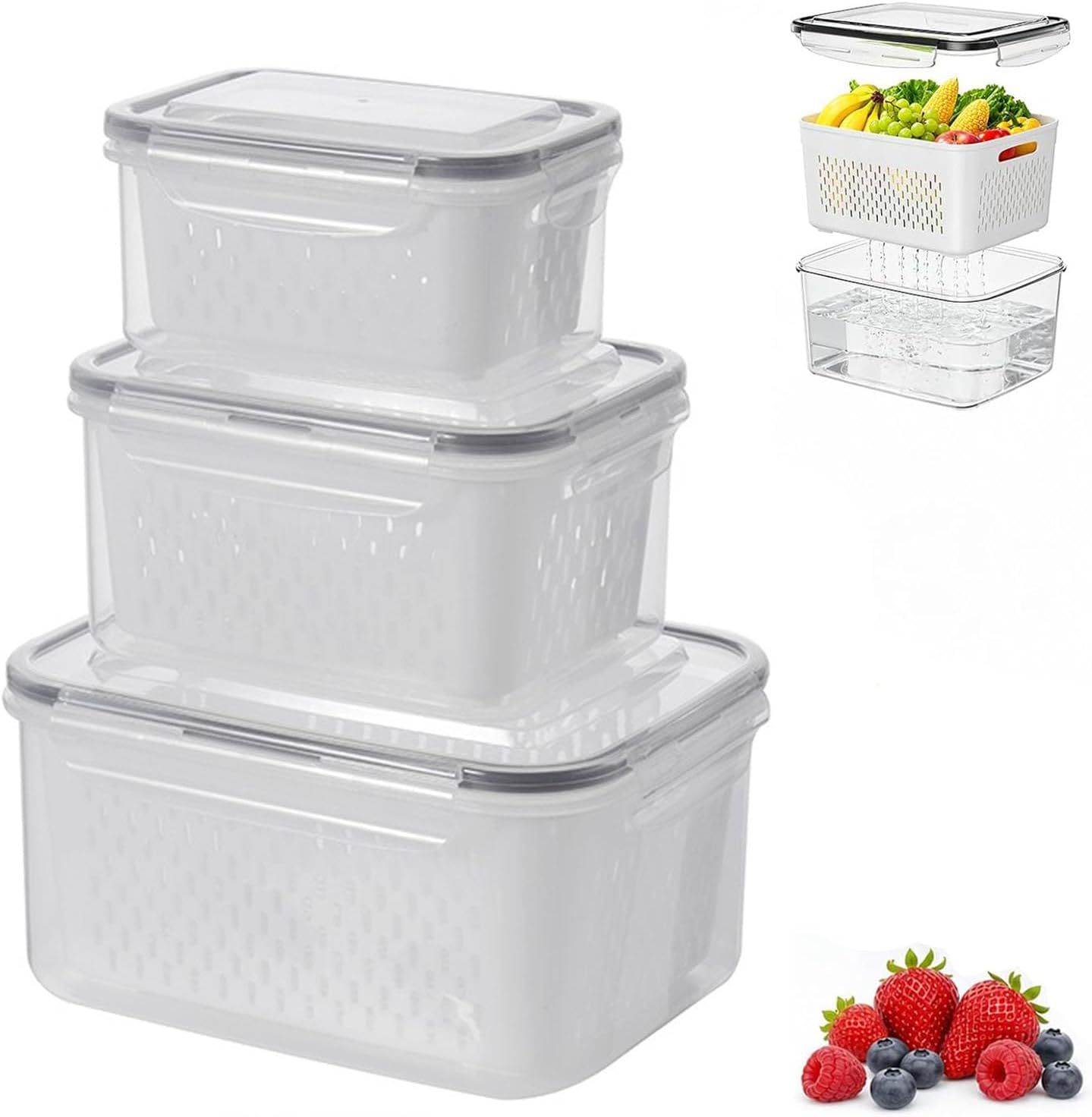 3 Pack Fruit Storage Containers for Fridge,Plastic Food Storage Container with Lid & Colander, Fridge Organizers and Storage with Removable Colander for Berry, Lettuce, Vegetable, Salad, Meat