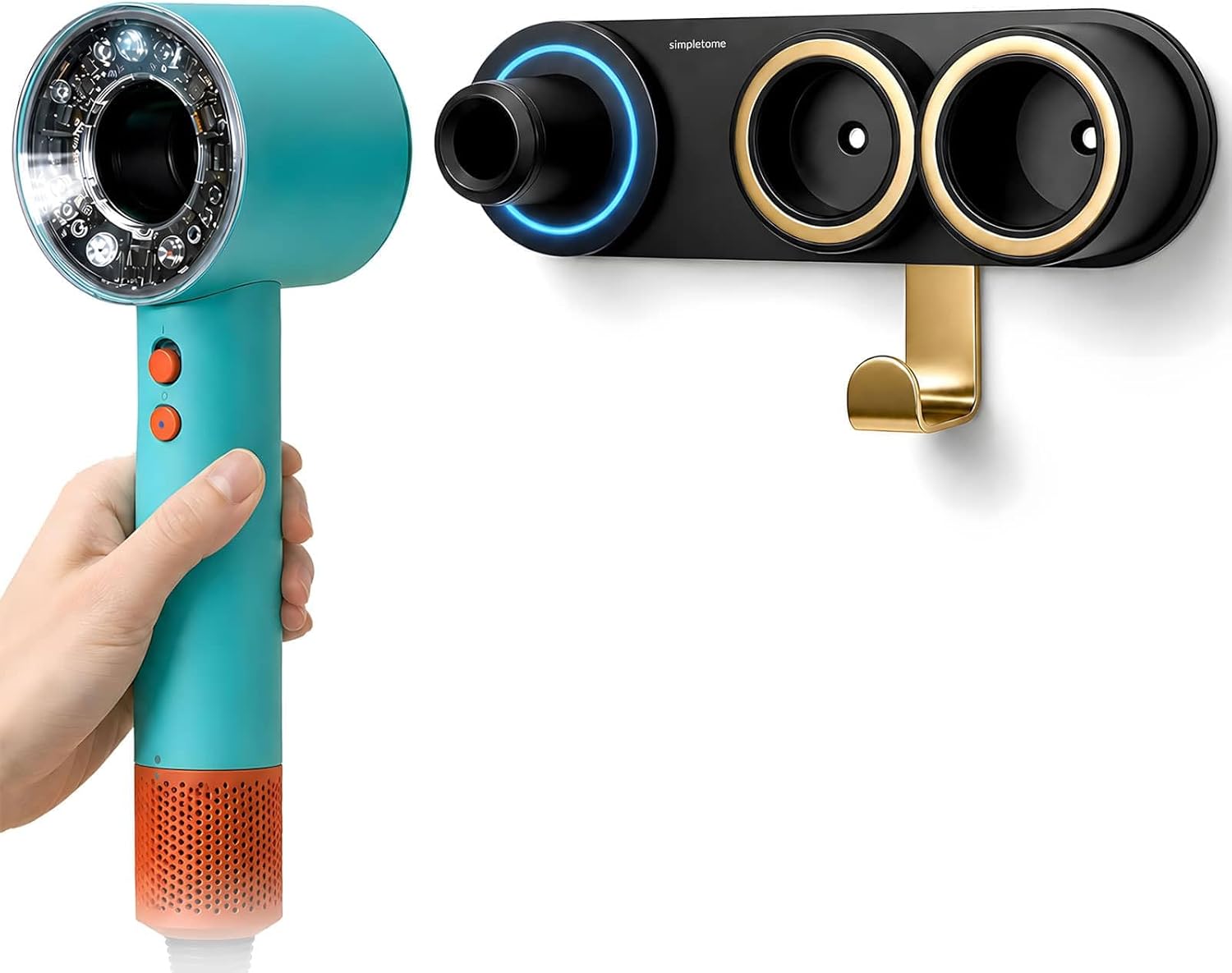 Magnetic Hair Dryer Holder Wall Mount for Most High Speed Blow Dryer | 7075 super-hard aviation aluminum alloy, black | with 24k gold-plated plug cord organizer hook | adhesive or drilling | tidy