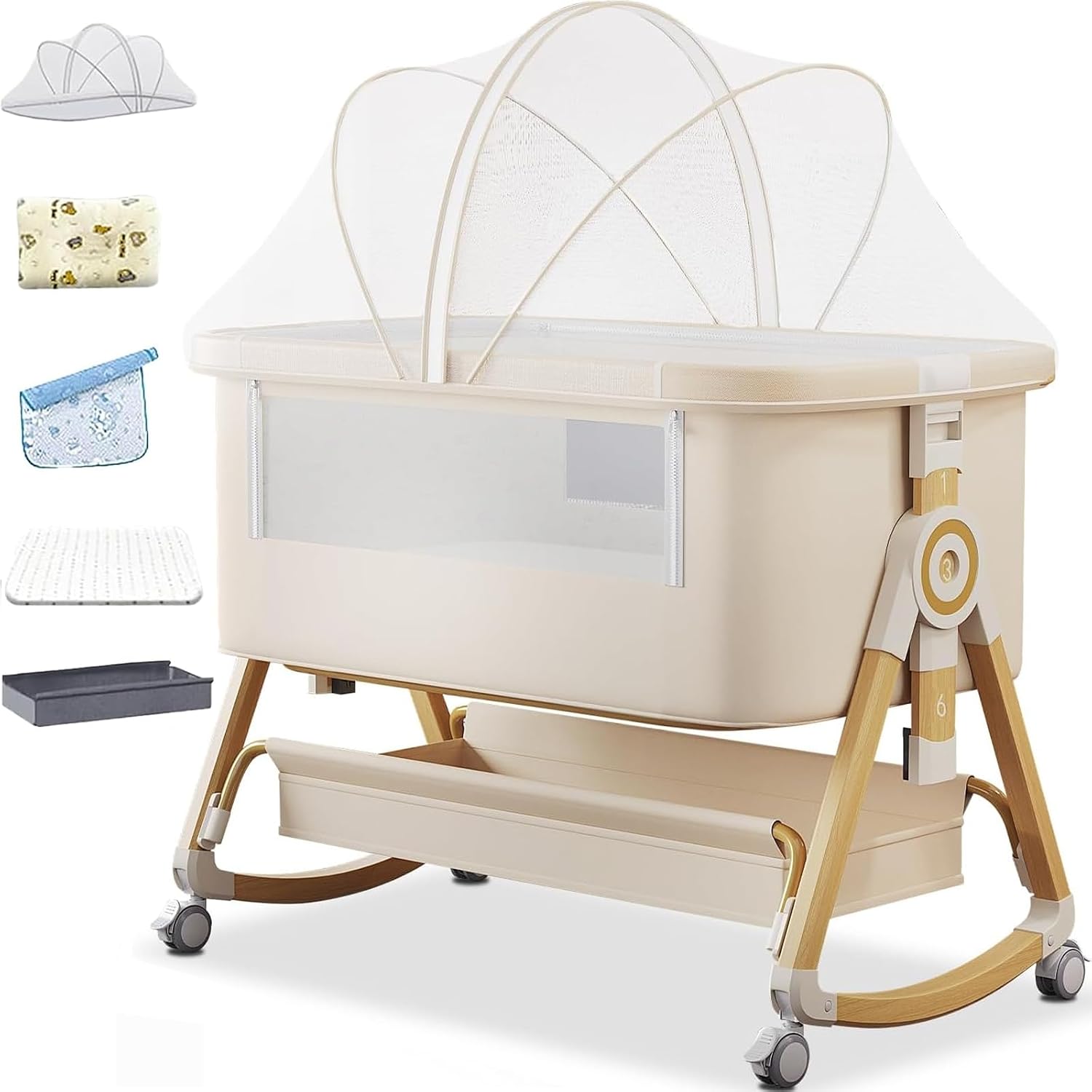 4 in 1 Baby Bassinet Crib,Portable Bassinets Bedside Sleeper with Comfy Mattress Storage Basket and Mosquito Net,Pillow,Summer Sleeping Mat,Height Adjustment Rocking Bedside Crib (Beige)