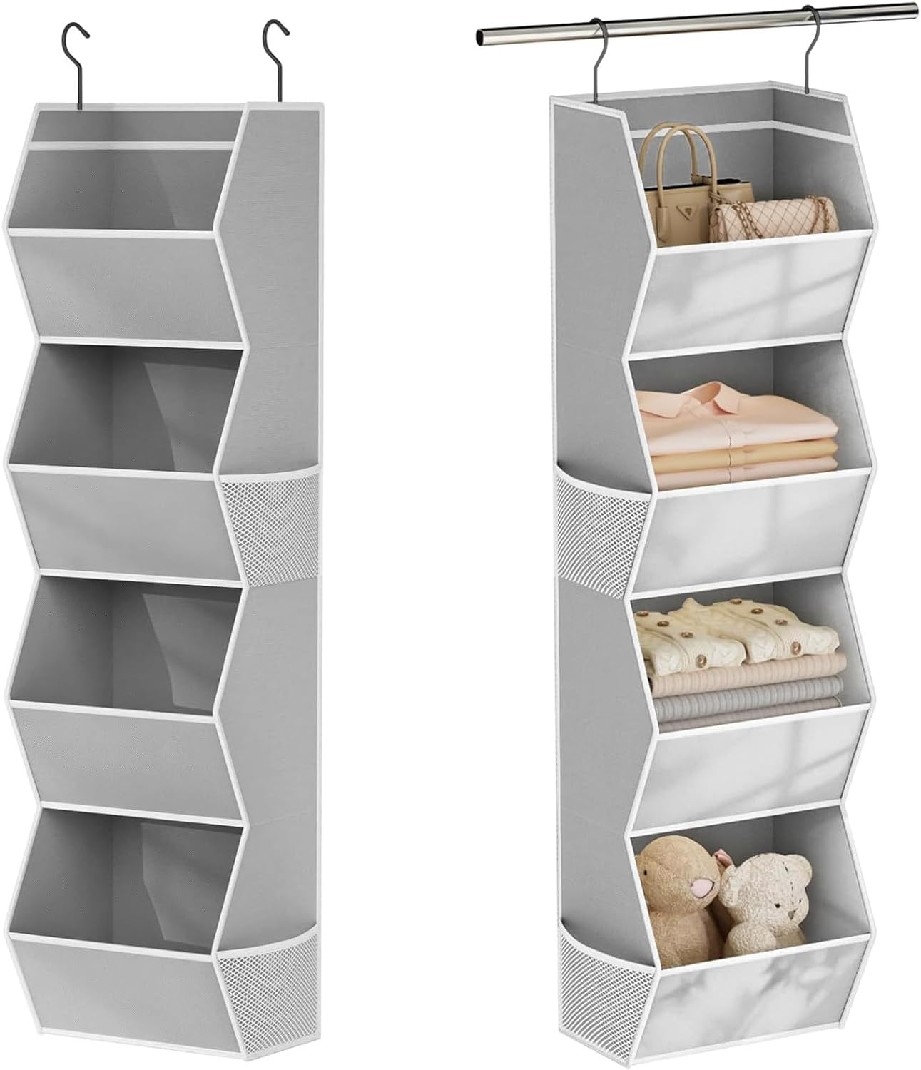 Hanging Closet Organizer 4 Shelf Collapsible Bedroom Closet Organizers and Storage Hanging with Mesh Pockets for Clothes, Fabric Hanging Storage Bins for Wardrobe Closet Organization