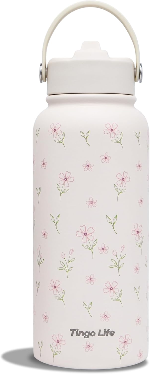 1L/1000mL Special Edition White Insulated Stainless Steel Water Bottle, 2 Lids Included (Straw + Sports), Leakproof BPA-Free, Dreamy Cream Floral Design, Perfect for Gym/Yoga/Office/Travel, BPA-Free