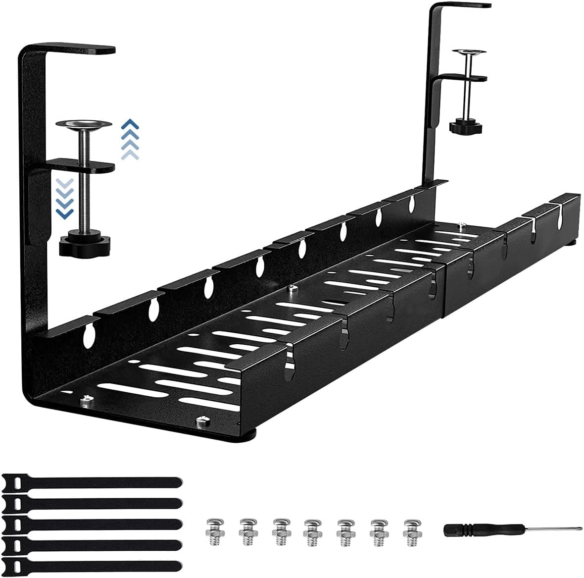 Extendable Under Desk Cable Management Tray, 33.5-55cm No Drill Carbon Steel Metal Mesh Cord Organizer, 4mm Heavy Duty Clamp Mount Cable Box, No Damage Table Wire Organizer for Home Office Gaming Desk