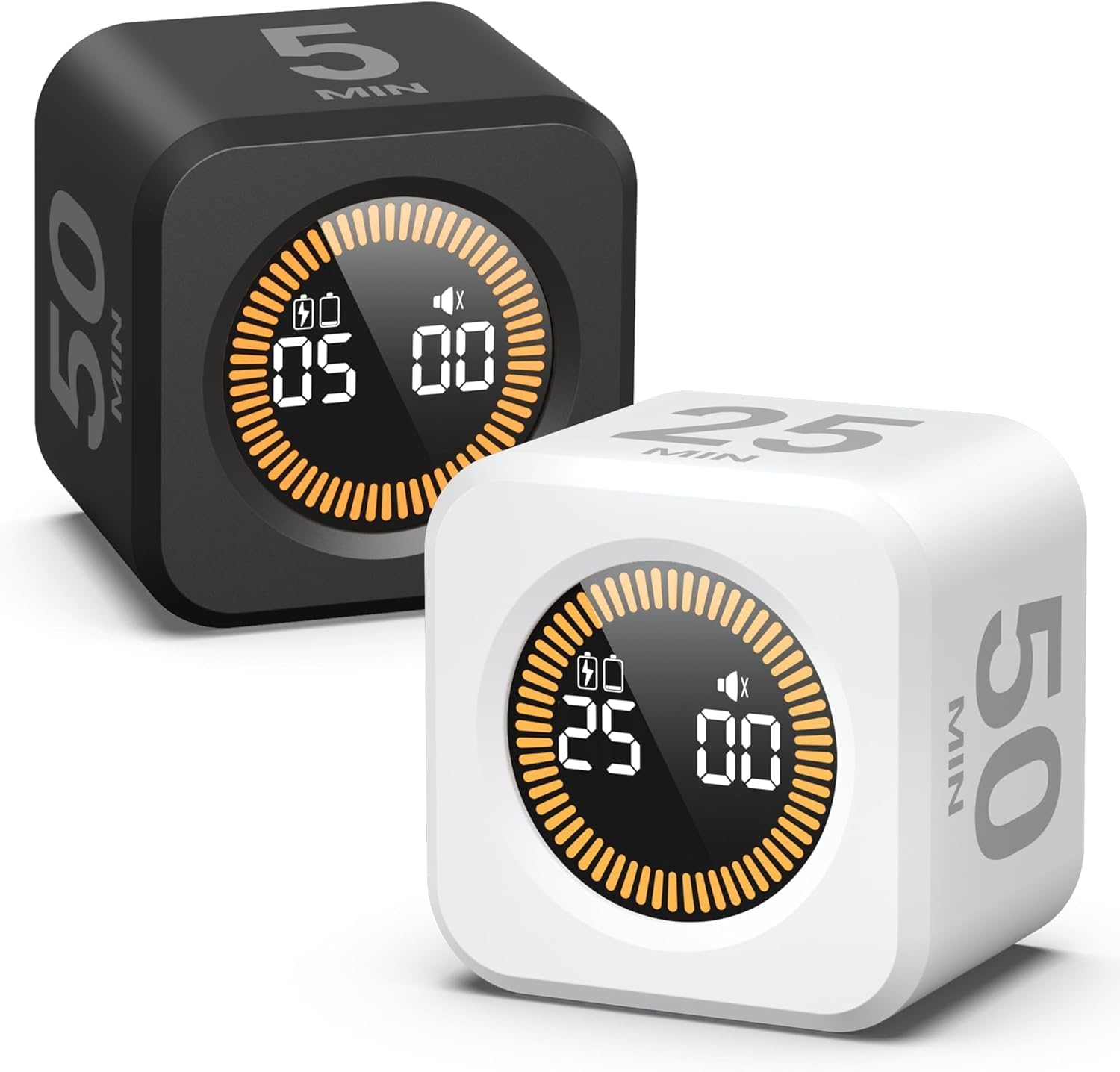 2 Pack- KADAMS Pomodoro Timer Visual - Productivity Cube, 5/10/25/50 Min Countdown Countup, Silent – Ideal for Work Study Cook Workout Kitchen School Classroom Office Kids Gift (2 Black & White)