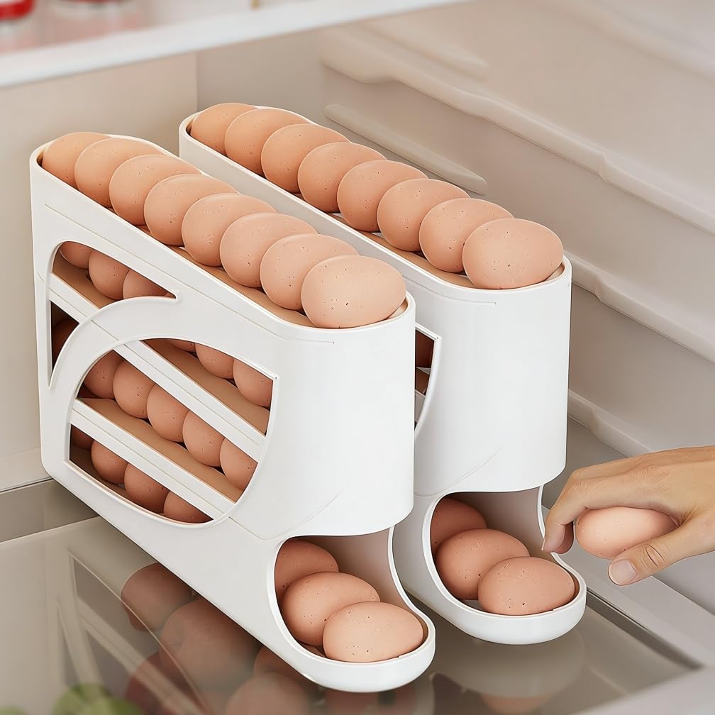 Automatic Rolling Egg Dispenser for Refrigerator,4 Tier Egg Holder for Fridge,Space-Saving Fridge Container Holds 30 Eggs, Kitchen & Countertop Storage(White)