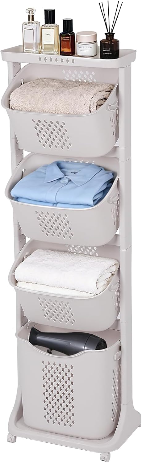 4-Tier Rolling Laundry Hamper Sorter with Wheels, 95L Capacity & Removable Mesh Baskets, Foldable Storage Organizer Cart for Bedroom, Bathroom, Laundry Room (17.32"x13.1"x54.72")