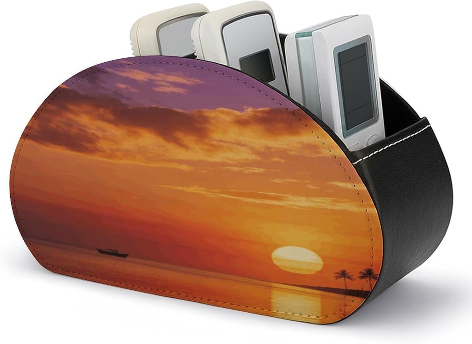 Boat Returning Under Coconut Trees Remote Control Holder with 5 Compartments PU Leather Remote Control Organizer Multi-functional Storage Caddy for TV Remote Glasses Brushes Media Player Pen