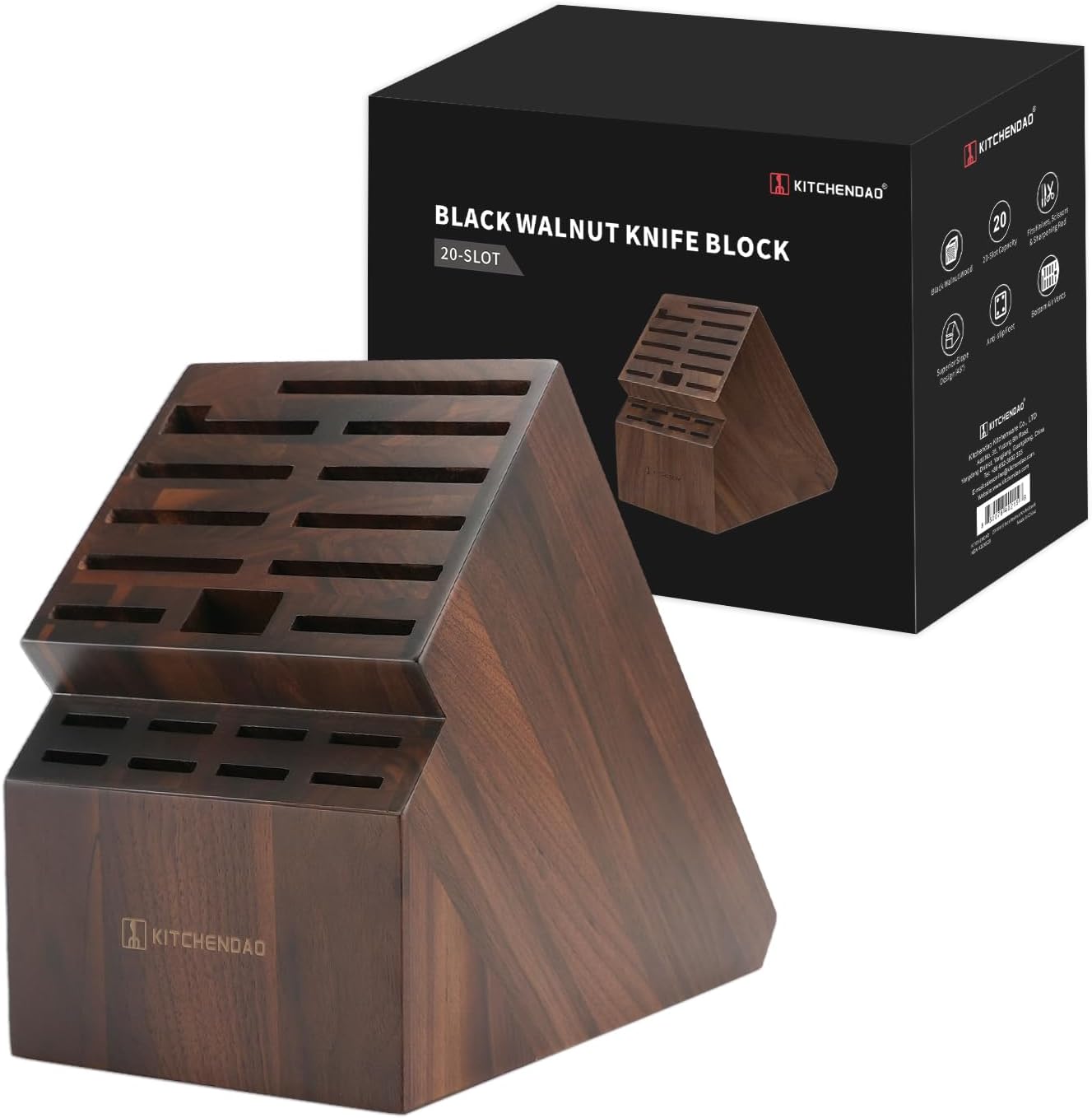 KITCHENDAO 20 Slot Black Walnut Wood Knife Block Without Knives | Universal Knife Holder for Kitchen, Countertop Knife Block Stand Fits Most Knives for Easy Kitchen Storage