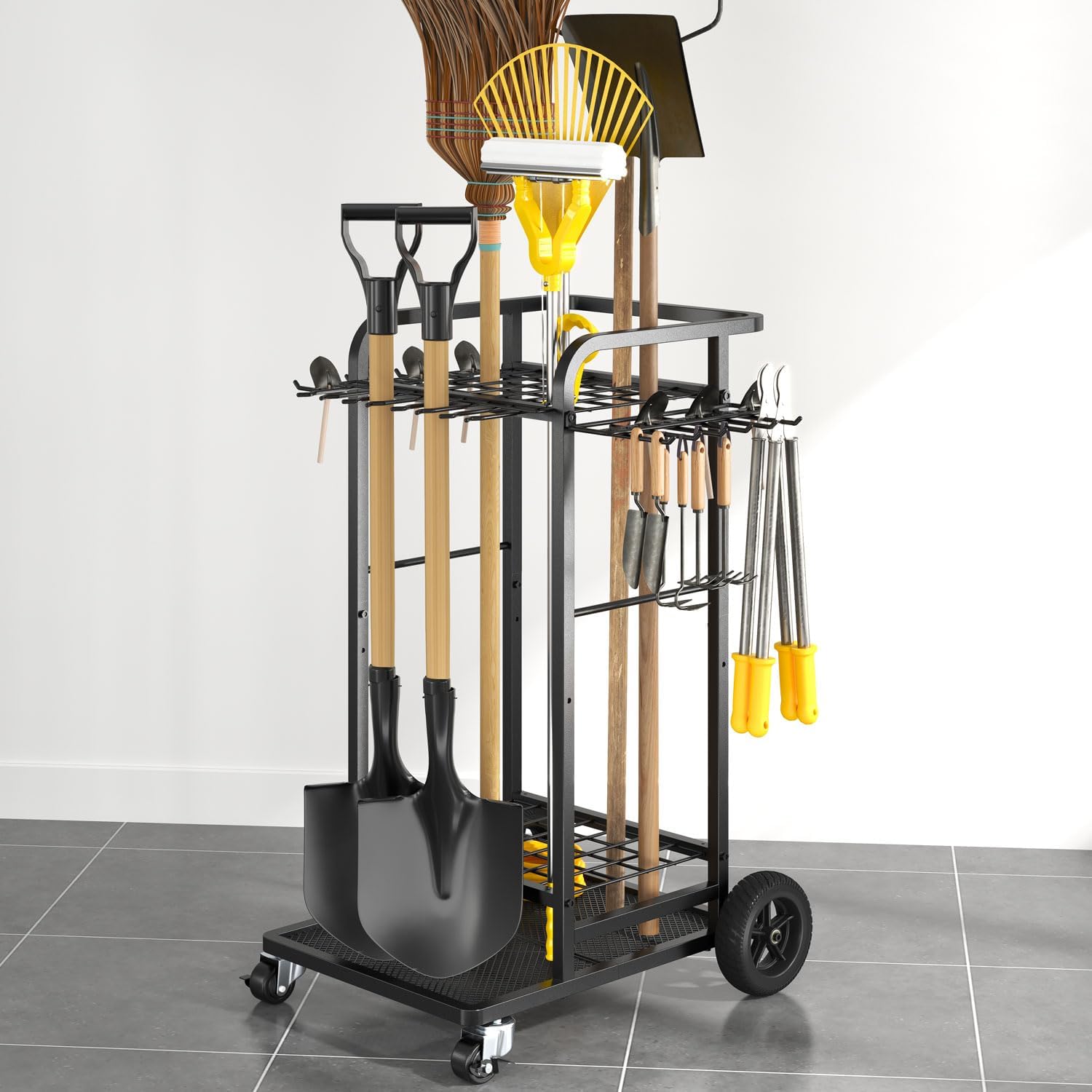 SOYEEZE Garden Tool Organizer,Yard Tool Holder Rack for Garage Up To 39 Shovels/Rakes/Brooms/Mops, Movable Utility Outdoor Tool Stand with Two Types of Wheels and 12 Hooks for Shed,3-Tier