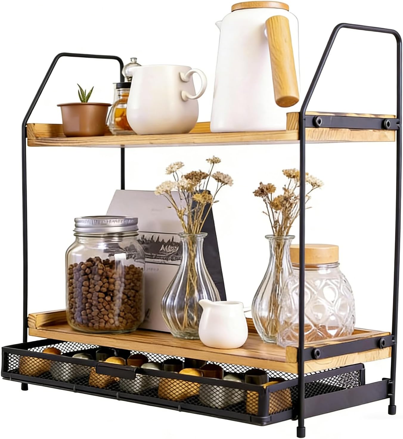 2-Tier Coffee Pod Organizer with Nes & DG Storage Drawer,Space-Saving Countertop Holder for Tea, Coffee Bar & Kitchen accessories, Ideal for Home and Office Use
