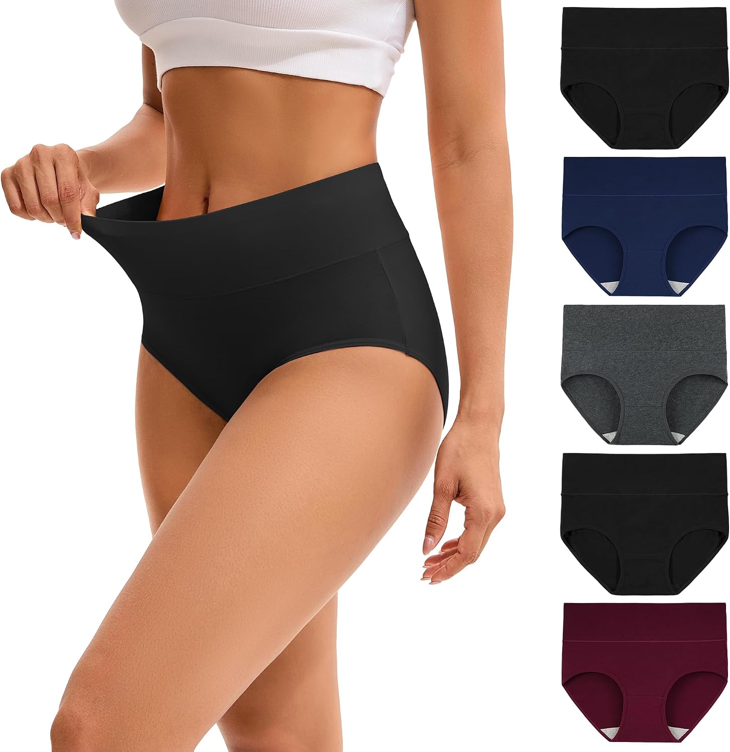 INNERSY Women's High Waisted Underwear Cotton Panties 5-Pack | Full Coverage, Wide and Flat Waistband, Light Tummy Support, No Wedgies, Stay in Place, Stretch Fit, All-Day Comfort