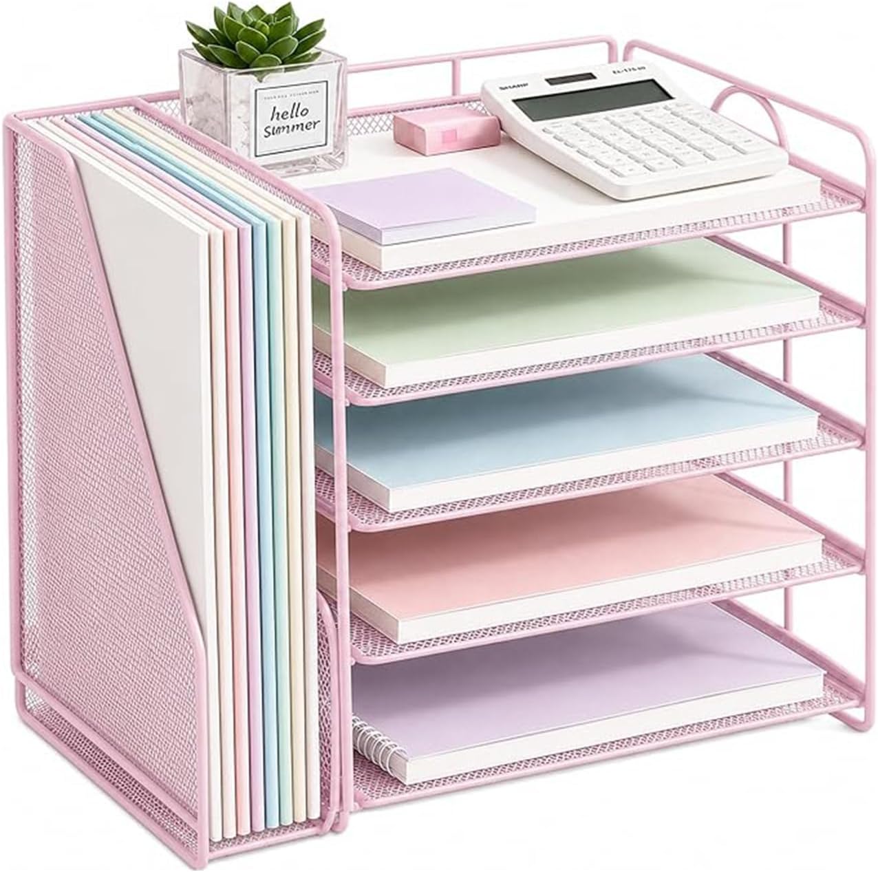 5-Tier Paper Letter Tray Organizer with File Holder, Metal Mesh Desk O rganizer, Desktop File Organizer for Office Supplies