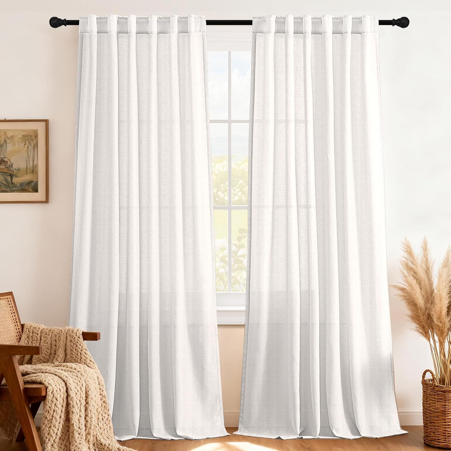 Linen Curtains Natural Linen Semi Sheer Blended Curtains Tab Top Window Treatments Panels Drapes for Living Room, Elegant Light Filtering Curtains (Set of 2, W132cm x D213cm，Off White)