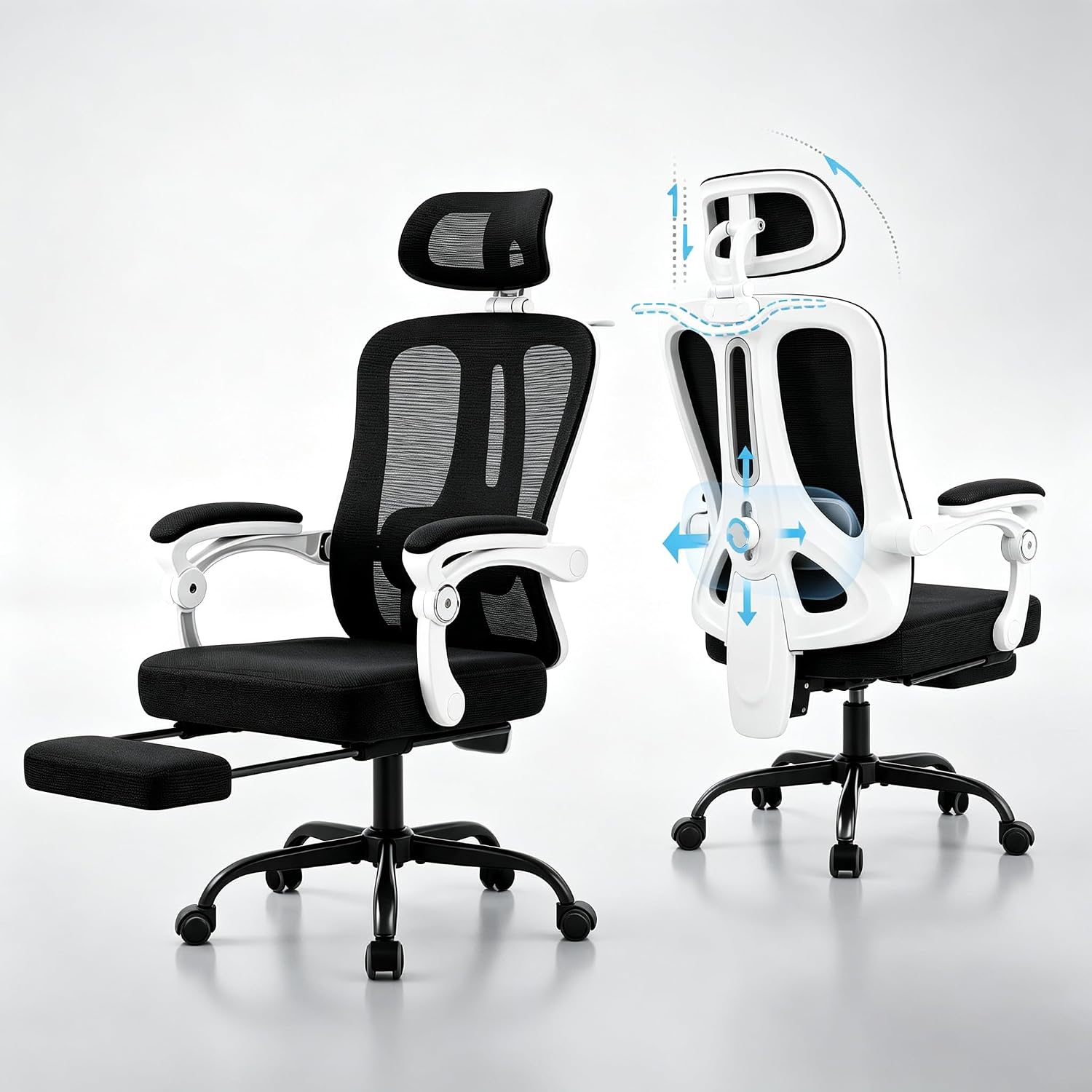 Ergonomic Office Chair, Mesh Computer Chair with Adjustable Headrest & Footrest, Breathable Mesh Desk Chair for Work, Swivel Task Chair for Home Office, Premium, Gift, Black-White