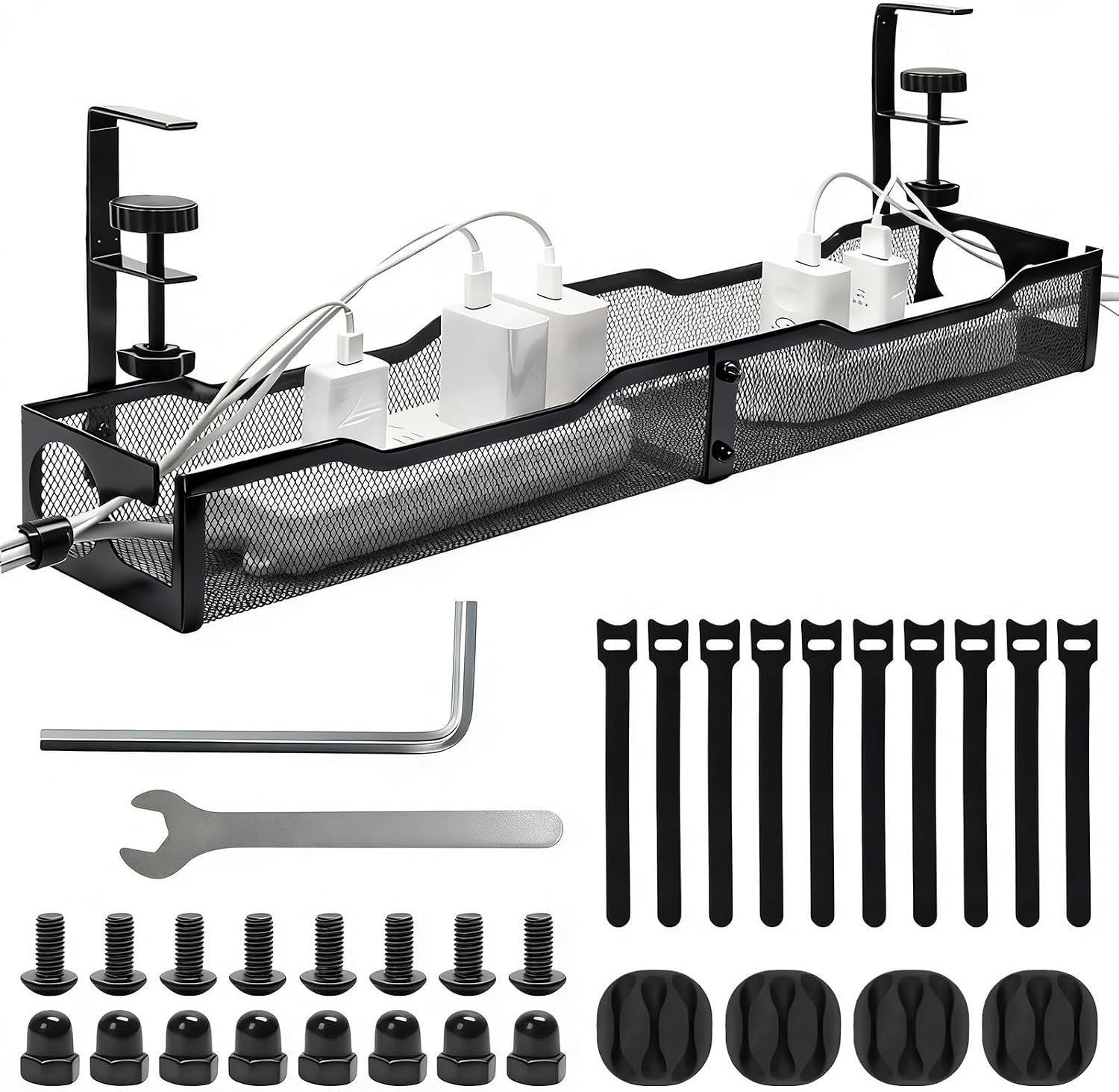 Under Desk Cable Management Tray, No Drill (Black) | Metal Cord Raceway Organizer Box with Clamp Suitable for Office Home Computer Desks Organization Storage Rack