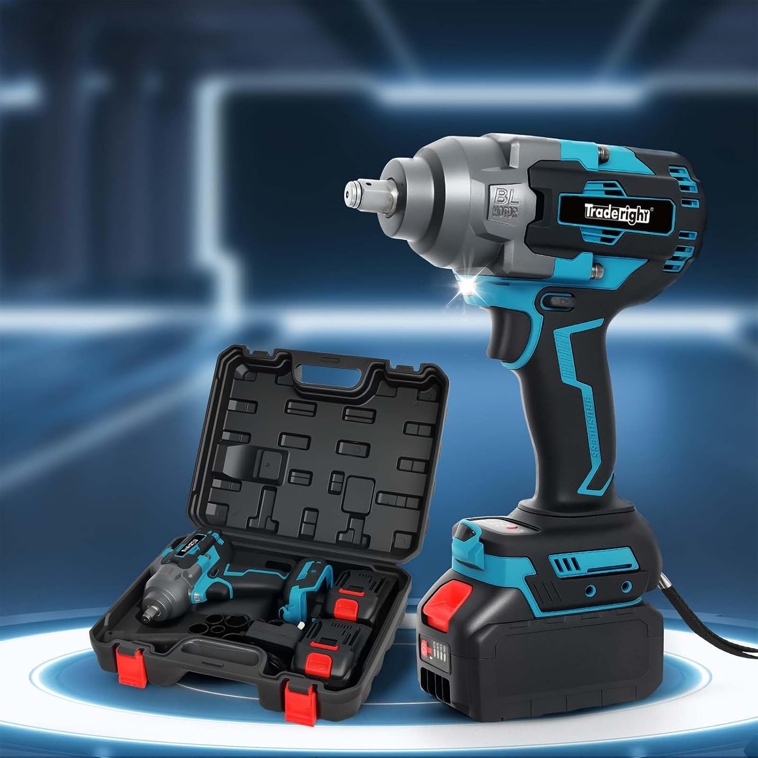 Traderight 21V Cordless Impact Wrench 1/2" Brushless High Torque 1200Nm Electric Power Tool with 2×4.0Ah Batteries, Fast Charger, 3-Speed Control, LED Light & Impact Socket Set for Car & DIY