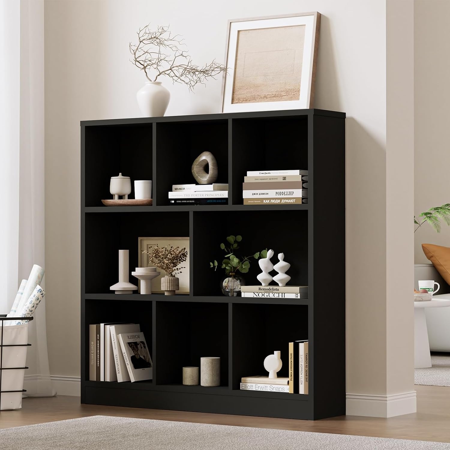 Oikiture 7 Storage Place Bookshelf – Wooden Display Cabinet Organizer Black | Versatile Sturdy Modern