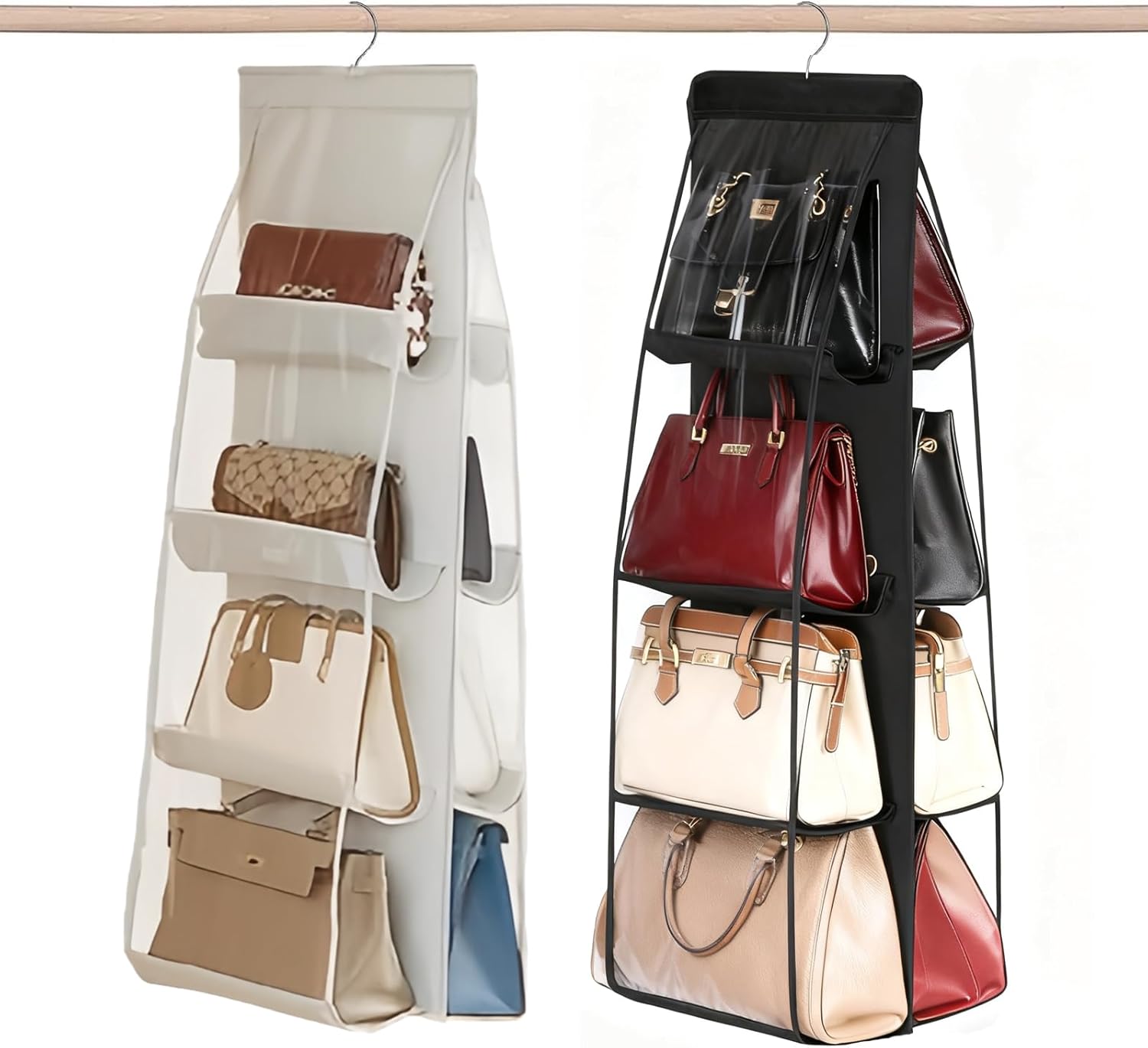 2 Pack Handbag Hanging Organizer (8 Pocket) anging Purse Organizer for Closet Organizers and Storage Hanger Oxford Cloth Closet Organizer for Family Closet Bedroom Universal Fit for Purse Storage