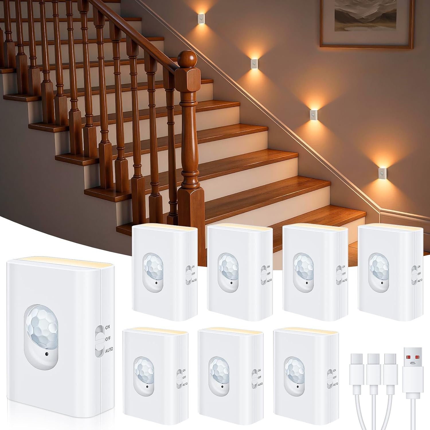WILLED Motion Sensor Stair Lights Indoor, Rechargeable LED Night Light | Wireless Magnetic Hallway Light, 3-in-1 Charging Cable, Warm White for Stairway, Bedroom, Bathroom, Kitchen, Closet (8 Pack)