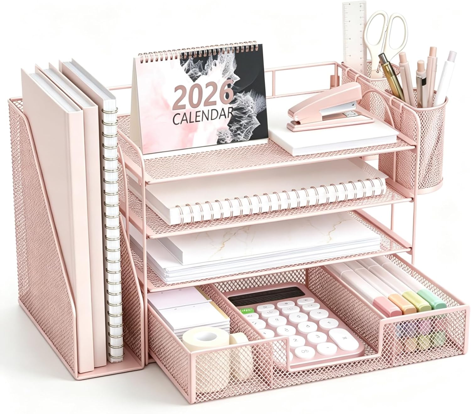 Desk Organizer, 4 Tier Paper Tray with Drawer, 2 Pen Holders Set (Pink) | Sturdy, space-saving, easy to assemble, for home office, keeps items neat and accessible, great for daily use.