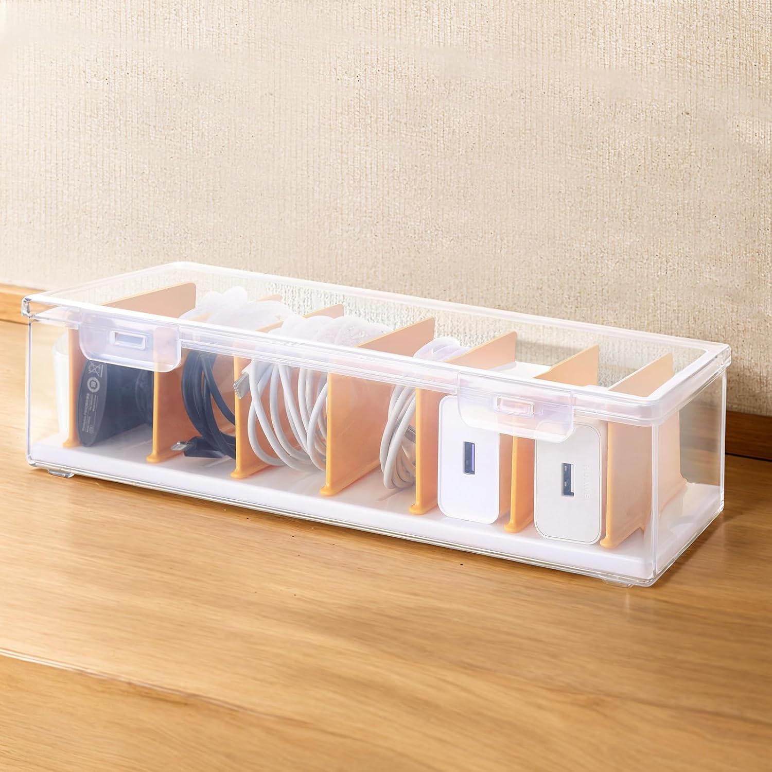 PAVSTINE Clear Cable Organizer Box with Lid, Plastic Charger Cable Cord Storage Organizer, Office Desk Organizers, Multifunctional Accessories Storage for Home Drawer Office, Stackable, Clear