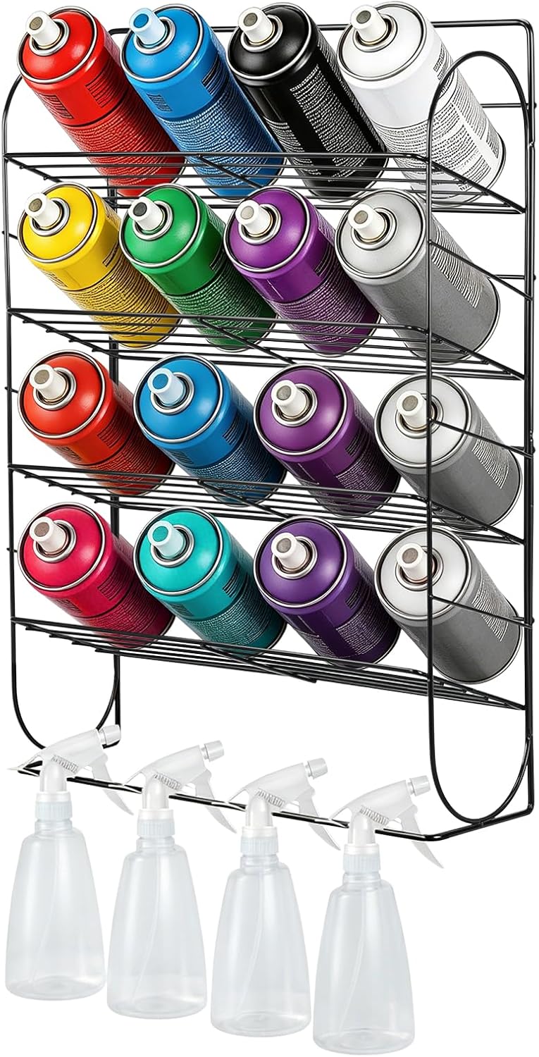 Spray Can Holder Storage Rack Wall Mounted, Metal Spray Paint Rack Organizer for Garage, Aerosol Can and Paint Bottle Storage Rack, Holds 16 Cans, Workshop and Craft Room Organizer
