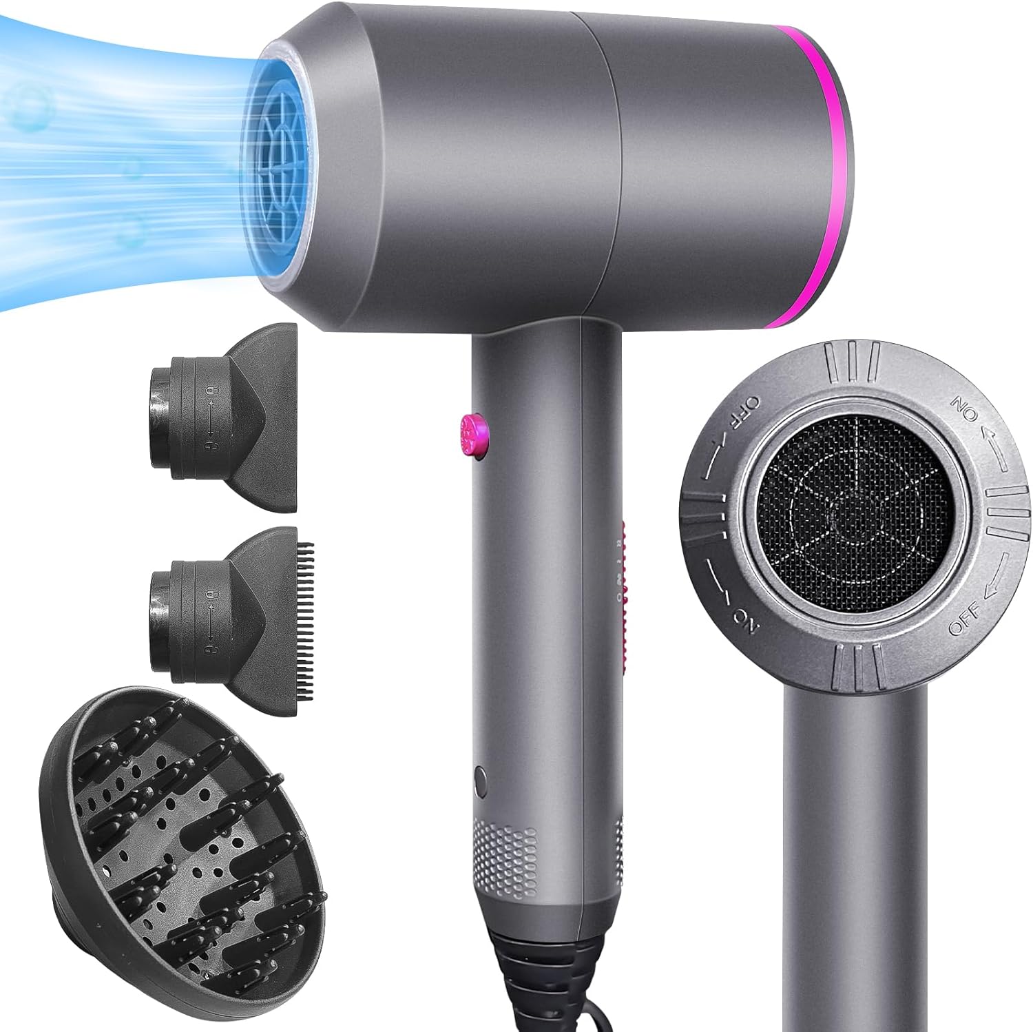 Menbyci 2000W Ionic Hair Dryer,2 Speeds and 3 Heat Settings Blow Dryer with Diffuser and Concentrator,Performance AC Motor Fast Drying Professional Hair Dryer,Constant Temperature Hair Care (Grey)