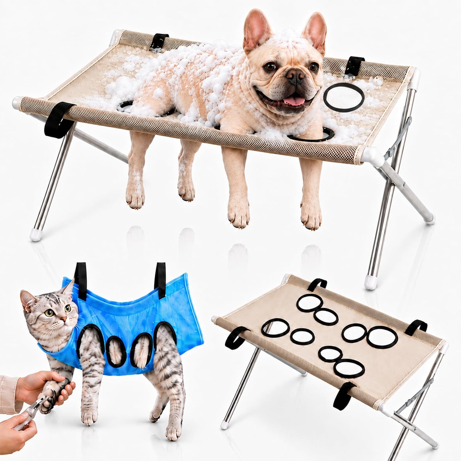 2-in-1 Foldable Pet Grooming Bed - Pet Grooming Hammock with Strap (Khaki) | Pet Bathing Hammock - Breathable Mesh Cat & Dog Grooming Table Station, Home Dog Shower Hammock for Trimming, Bath, Brushing