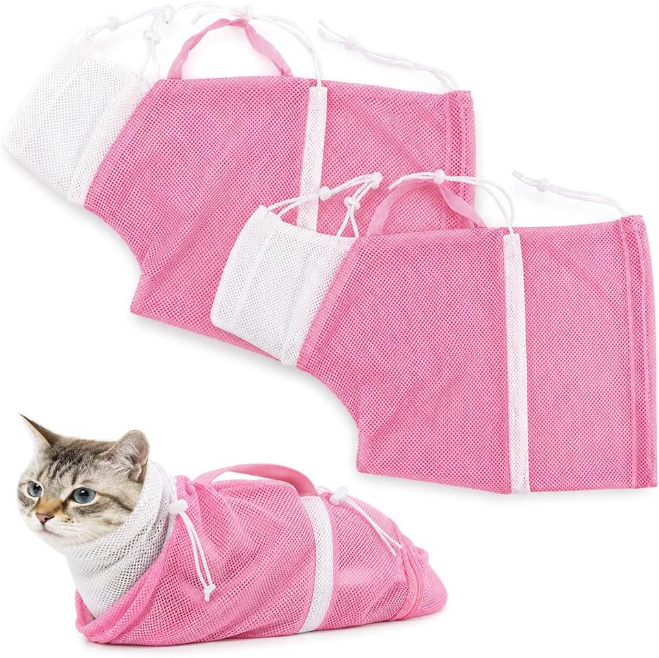 2 Pcs Mesh Cat Grooming Bag with Paw Openings for Bathing and Nail Care | Two soft mesh bags with adjustable drawstrings and zipped paw openings for bathing, nail trimming and ear cleaning