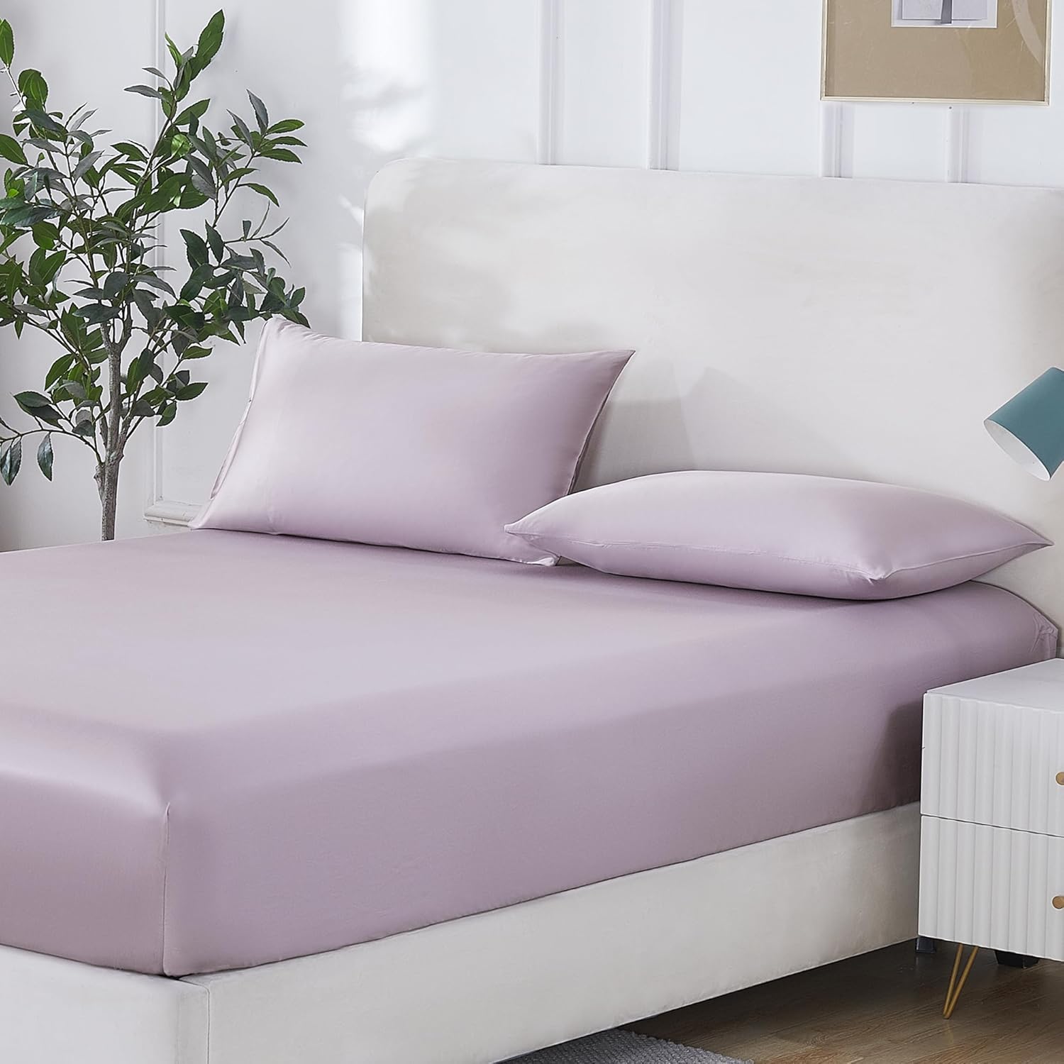 MuMullum 3PCS Double Fitted Sheets Set, Soft Breathable Bed Sheet Set | 300TC Cotton Tencel Blended, 40cm Deep Pocket, Skin Friendly Moisture Wicking Bedding for a Luxurious