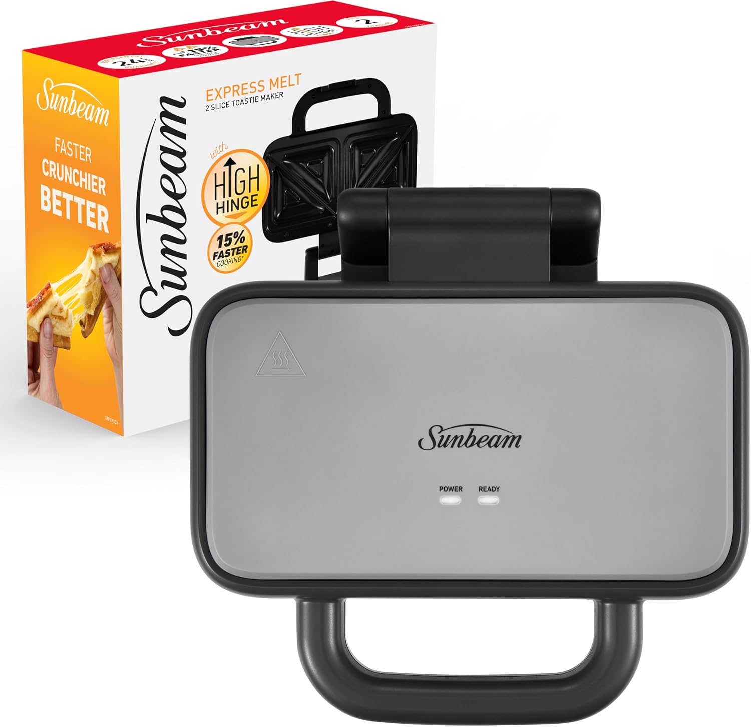 Sunbeam Express Melt 2-Slice Toastie Maker | High Hinge No Slide Sandwich Maker, Fast Heat Up, Deep Plates for Generous Jaffle Filling, Easy Clean, Space-Saving Storage, Grey GRP2000SV