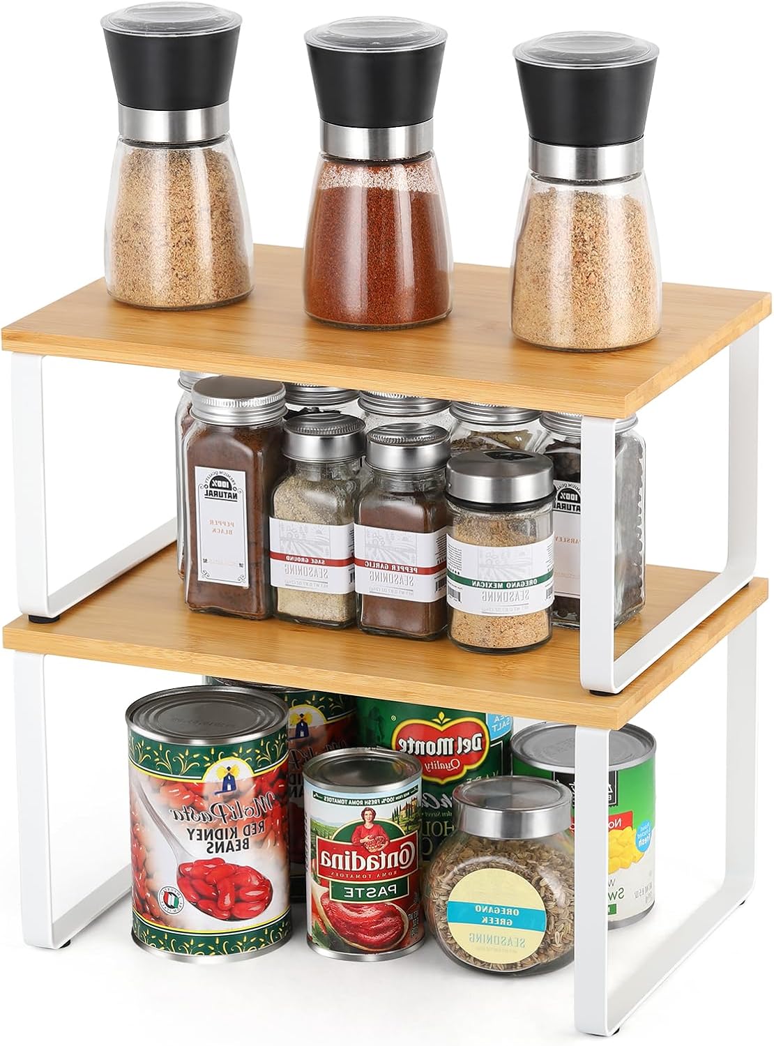 Cabinet Organizer Shelf Set of 2 Stackable Counter Shelves for Pantry | Expandable Kitchen Spice Rack Shelf Riser for Plate Dish Cup Mug Spice Cupboard Countertop Corner Storage, Natural & White