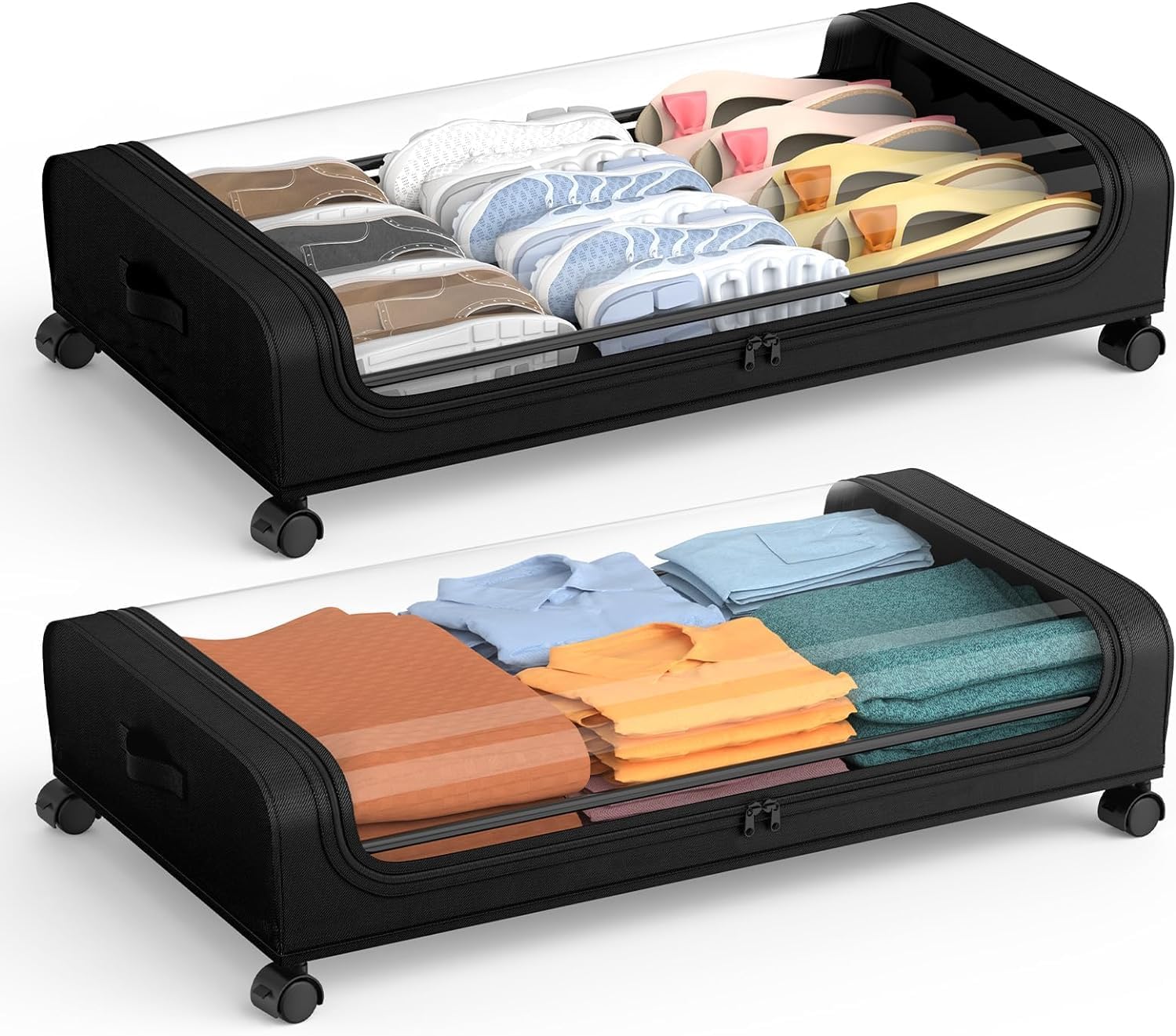 Under Bed Storage Containers with Wheels, 2 Pack Rolling Drawers, Black | 2 pack under bed storage with wheels, clear zip lid, 37 L capacity, metal frame, lockable casters, for clothes and shoes