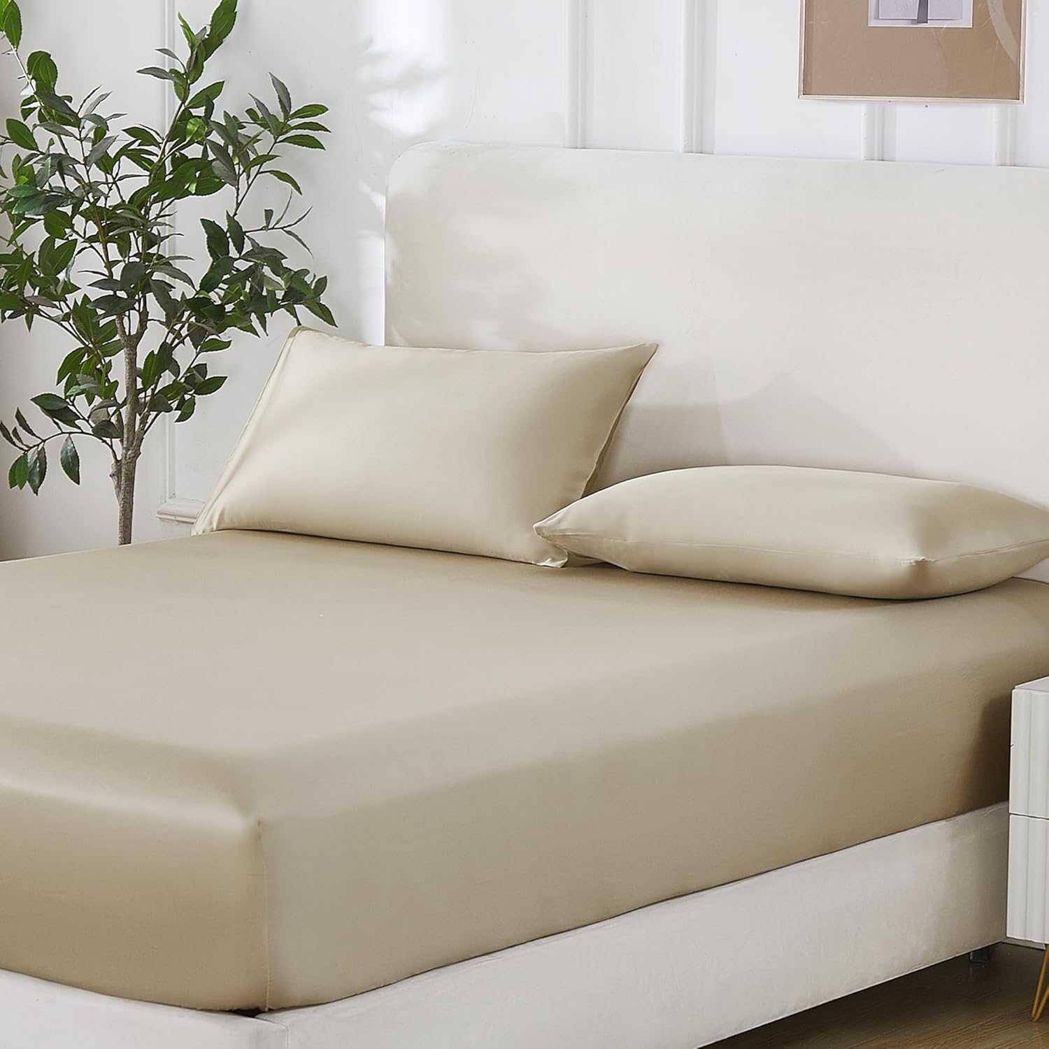 MuMullum 3PCS Double Fitted Sheets Set, Soft Breathable Bed Sheet Set | 300TC Cotton Tencel Blended, 40cm Deep Pocket, Skin Friendly Moisture Wicking Bedding for a Luxurious