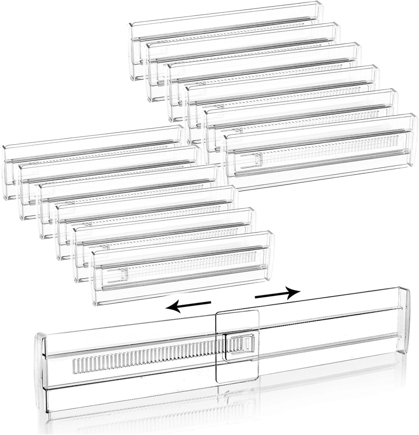 12 Pack Drawer Dividers for Clothes, Clear Expandable Dresser Organizer | Adjustable 3.2" High Expandable From 11"-20" Plastic Drawer Separators for Underwear Socks, Kitchen Utensils, Office Storage