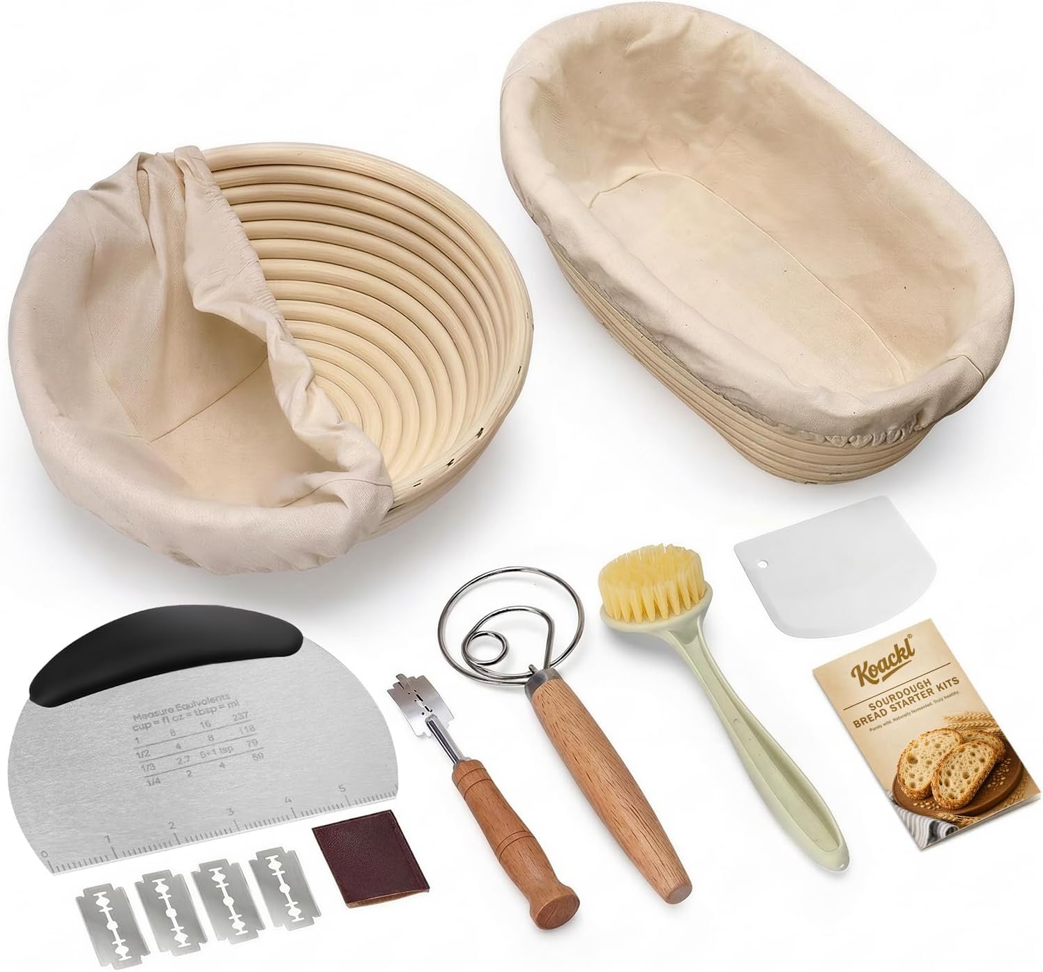 Koackl Sourdough Bread Starter Kit, 9" Round & 10" Oval Banneton Basket Set | Complete Bread Baking Set: 2 Proofing Baskets with Cloth Liners, Natural Rattan Brotform for Sourdough Baking Dough