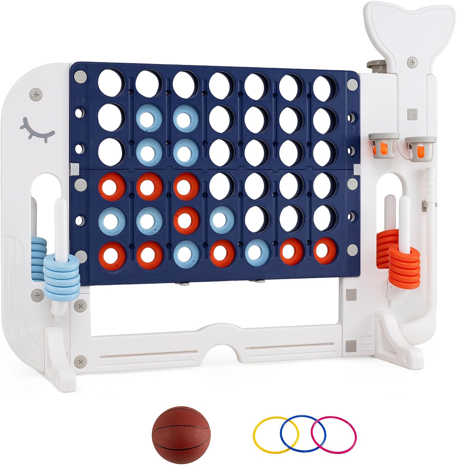 HONEY JOY Giant 4-in-A Row w/Ring-toss, Basketball Hoop, Golf Club & Balls, Jumbo 4-to-Score Giant Game Set with 2 Cups Holders for Indoor & Outdoor Holiday Parties