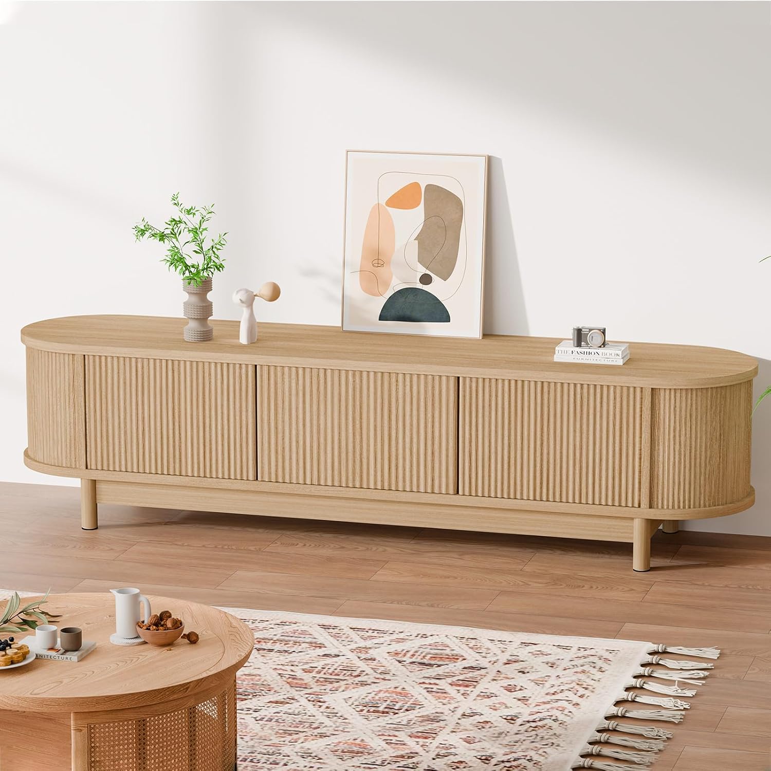 ALFORDSON Wood 160cm Oval Silhouette TV Cabinet Stand, 4 Fluted Doors | 2 Side Cabinets, Adjustable Shelves Storage, Robust Legs, Modern Entertainment Unit Living Room Console Media Table