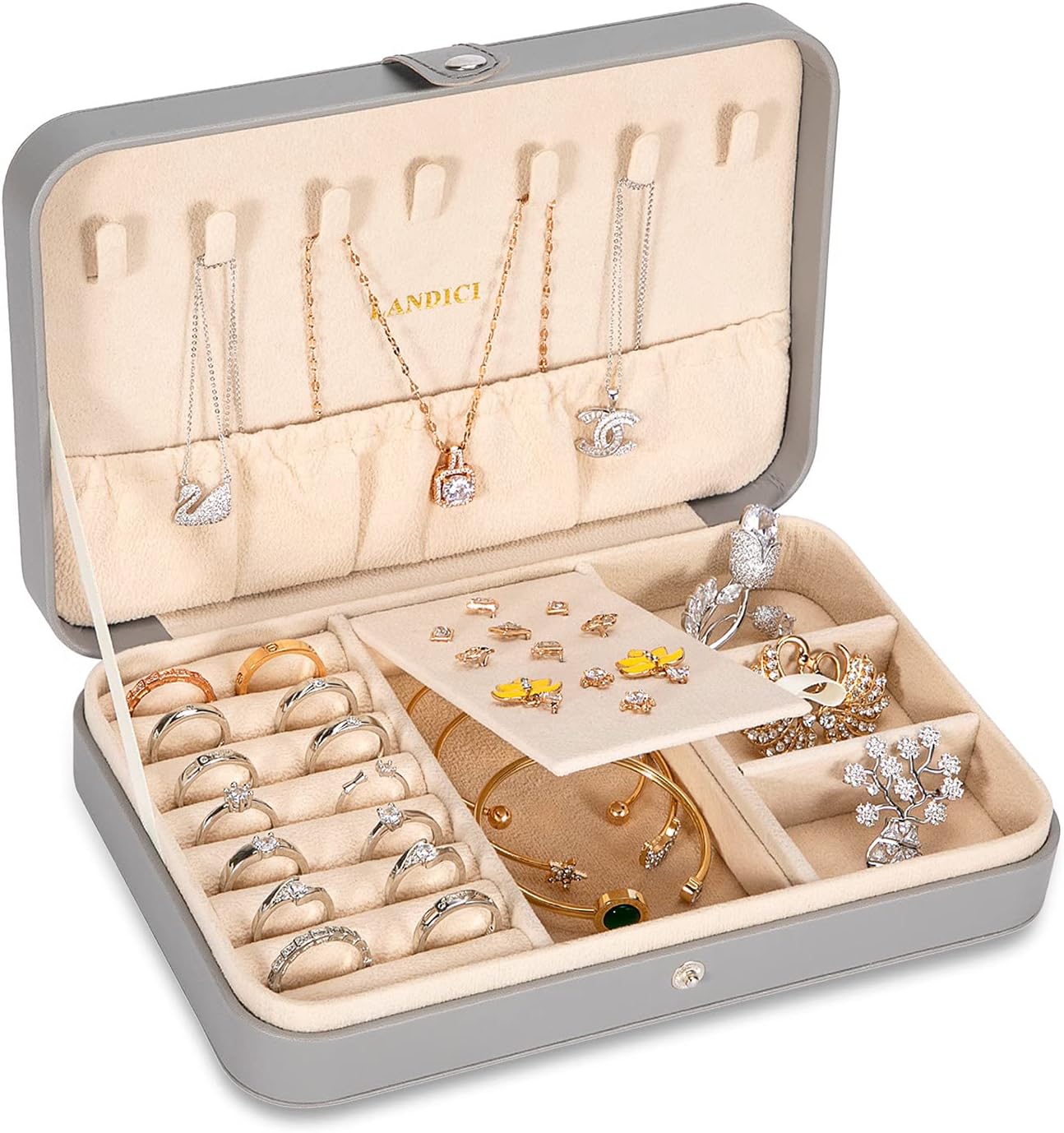 LANDICI Jewellery Box Small Jewellery Organiser for Women Girls, PU Leather Travel Jewellery Storage Case, Portable Jewellery Holder for Ring Earrings Necklace Bracelet, Jewellery Gift Box,Grey